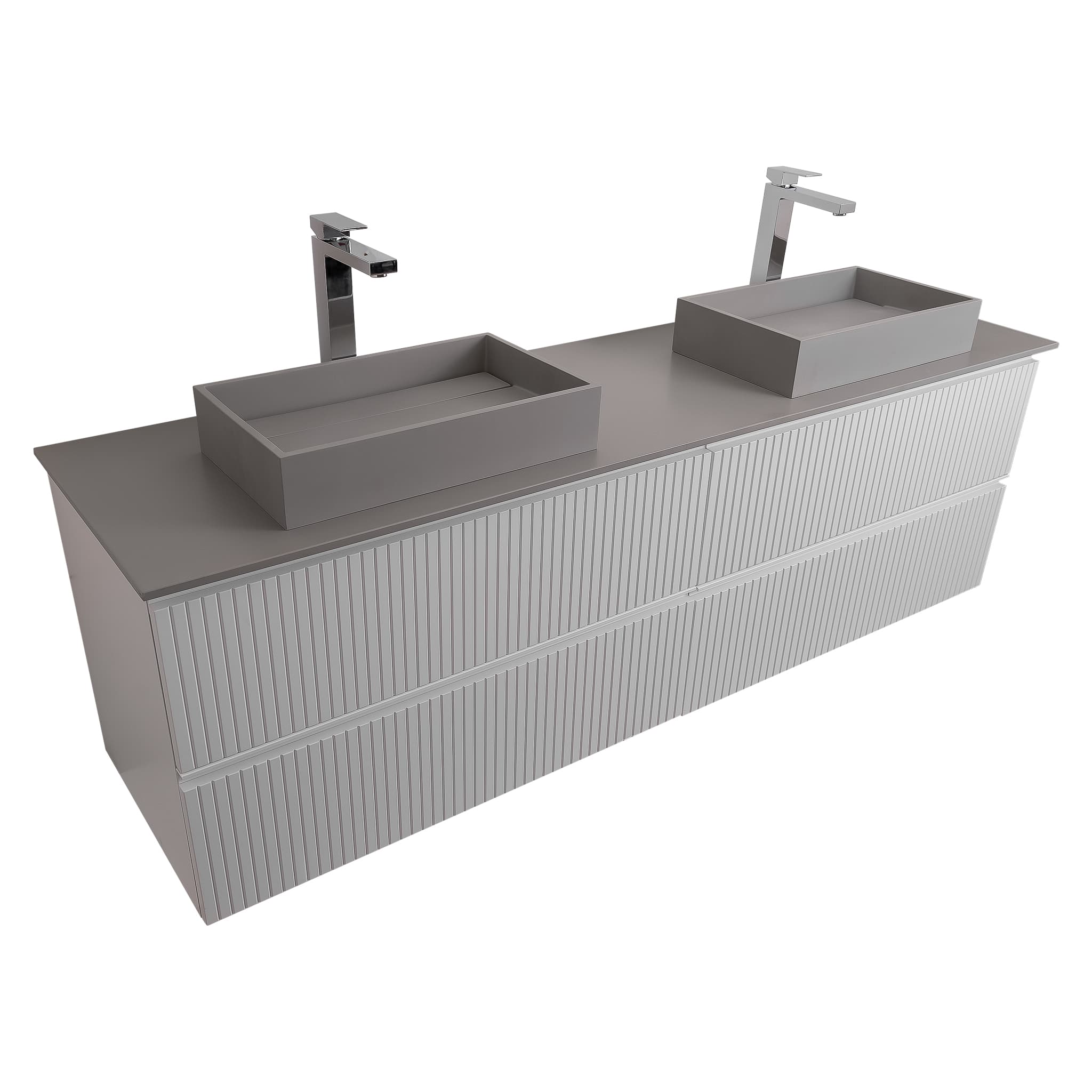 Ares 72 Matte White Cabinet, Solid Surface Flat Grey Counter And Two Infinity Square Solid Surface Grey Basin 1329, Wall Mounted Modern Vanity Set