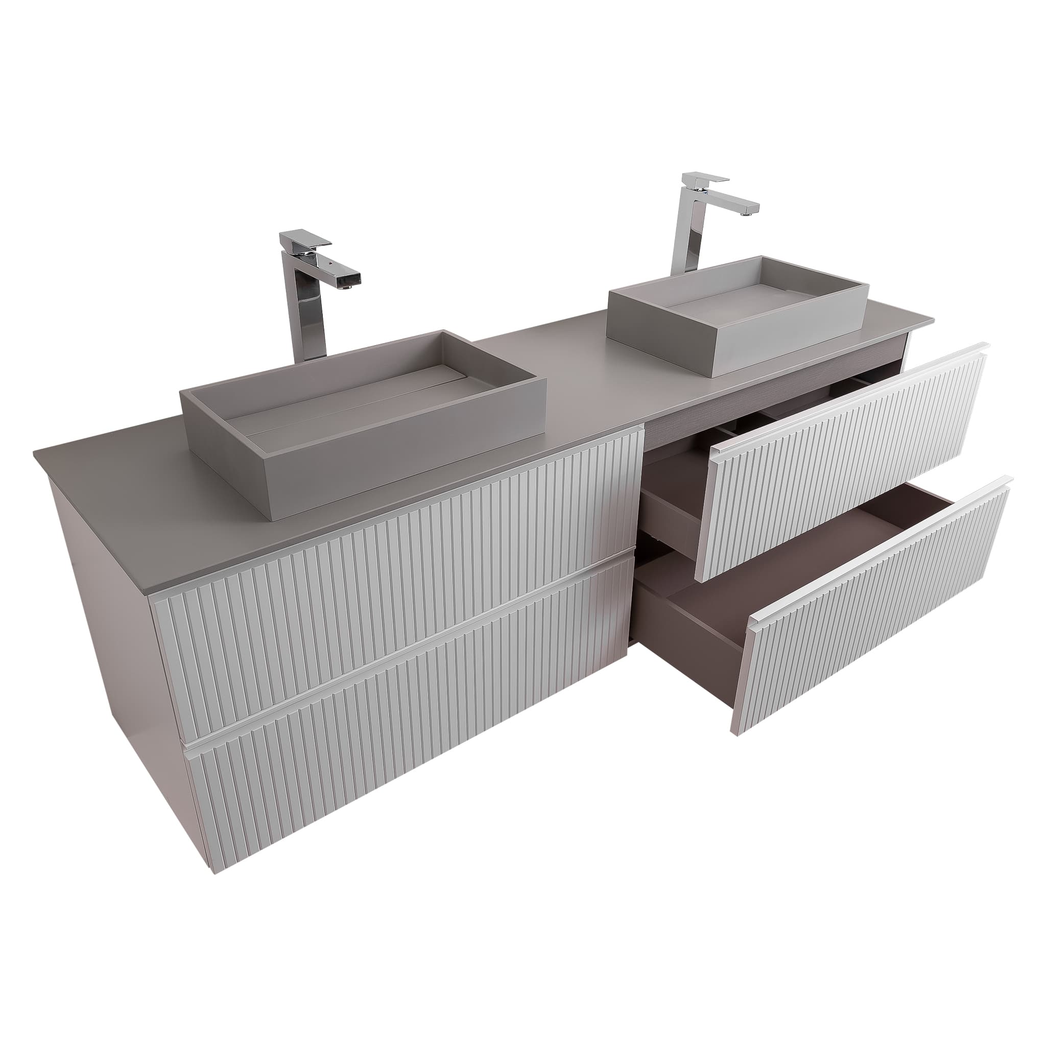 Ares 72 Matte White Cabinet, Solid Surface Flat Grey Counter And Two Infinity Square Solid Surface Grey Basin 1329, Wall Mounted Modern Vanity Set