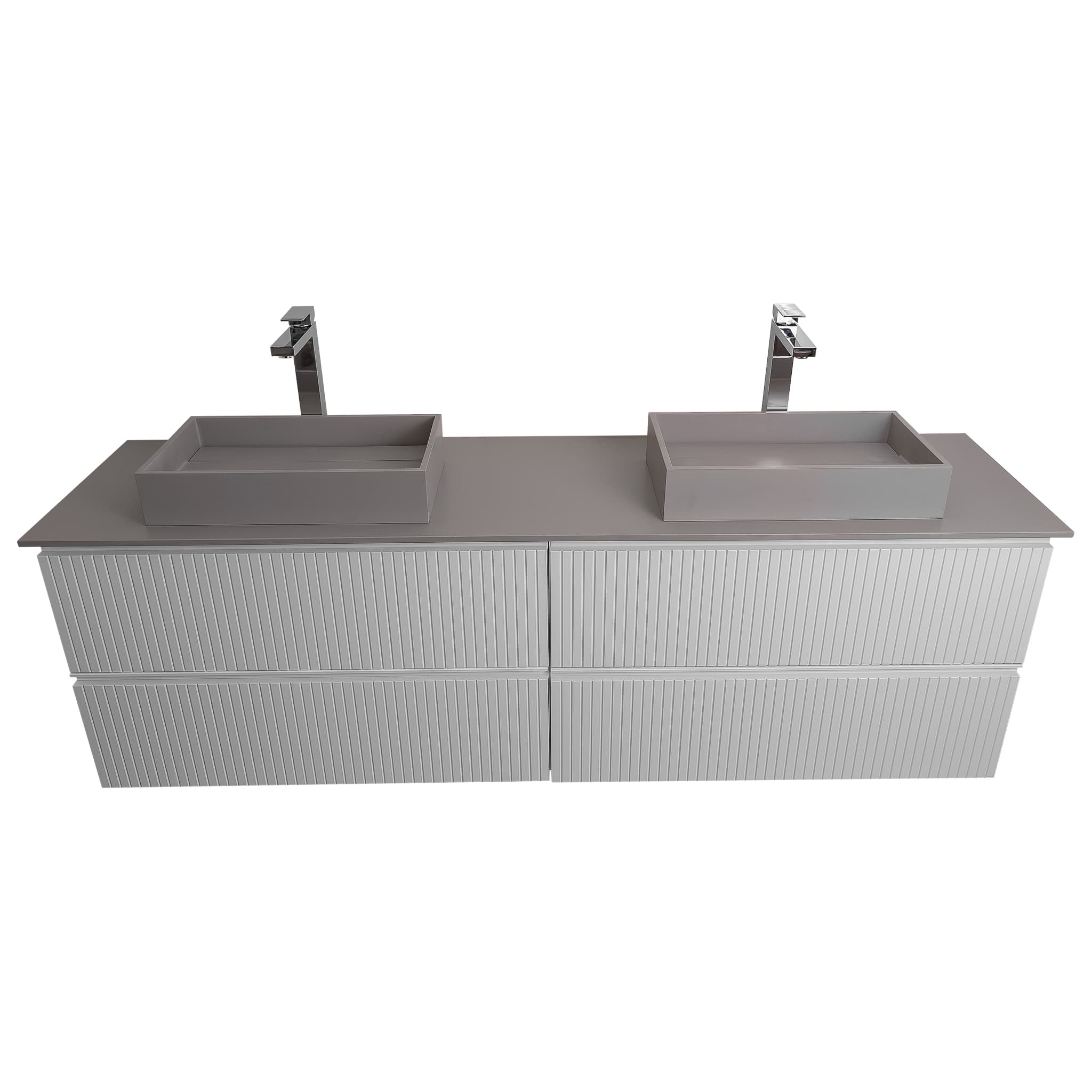 Ares 72 Matte White Cabinet, Solid Surface Flat Grey Counter And Two Infinity Square Solid Surface Grey Basin 1329, Wall Mounted Modern Vanity Set