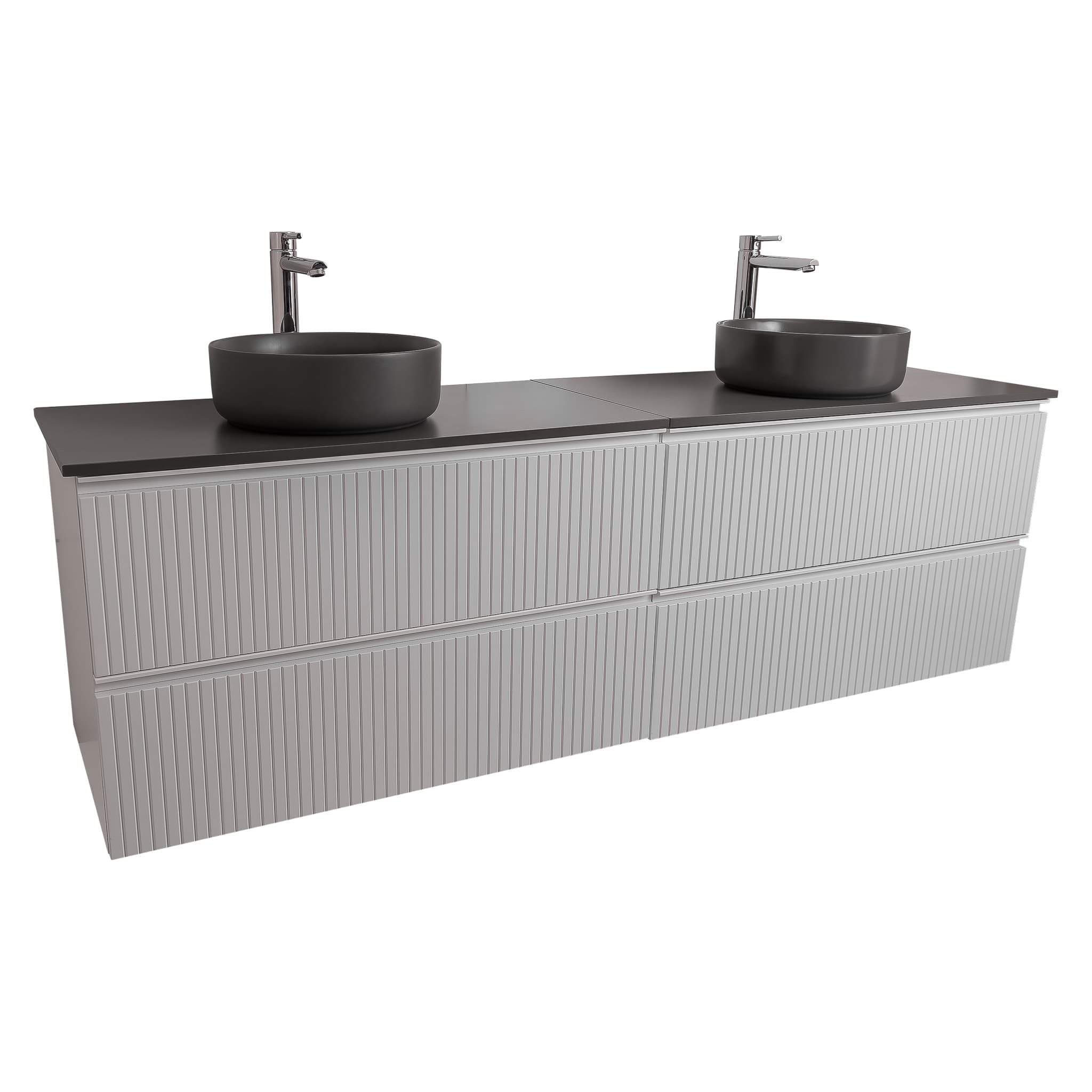 Ares 72 Matte White Cabinet, Ares Grey Ceniza Top And Two Ares Grey Ceniza Ceramic Basin, Wall Mounted Modern Vanity Set