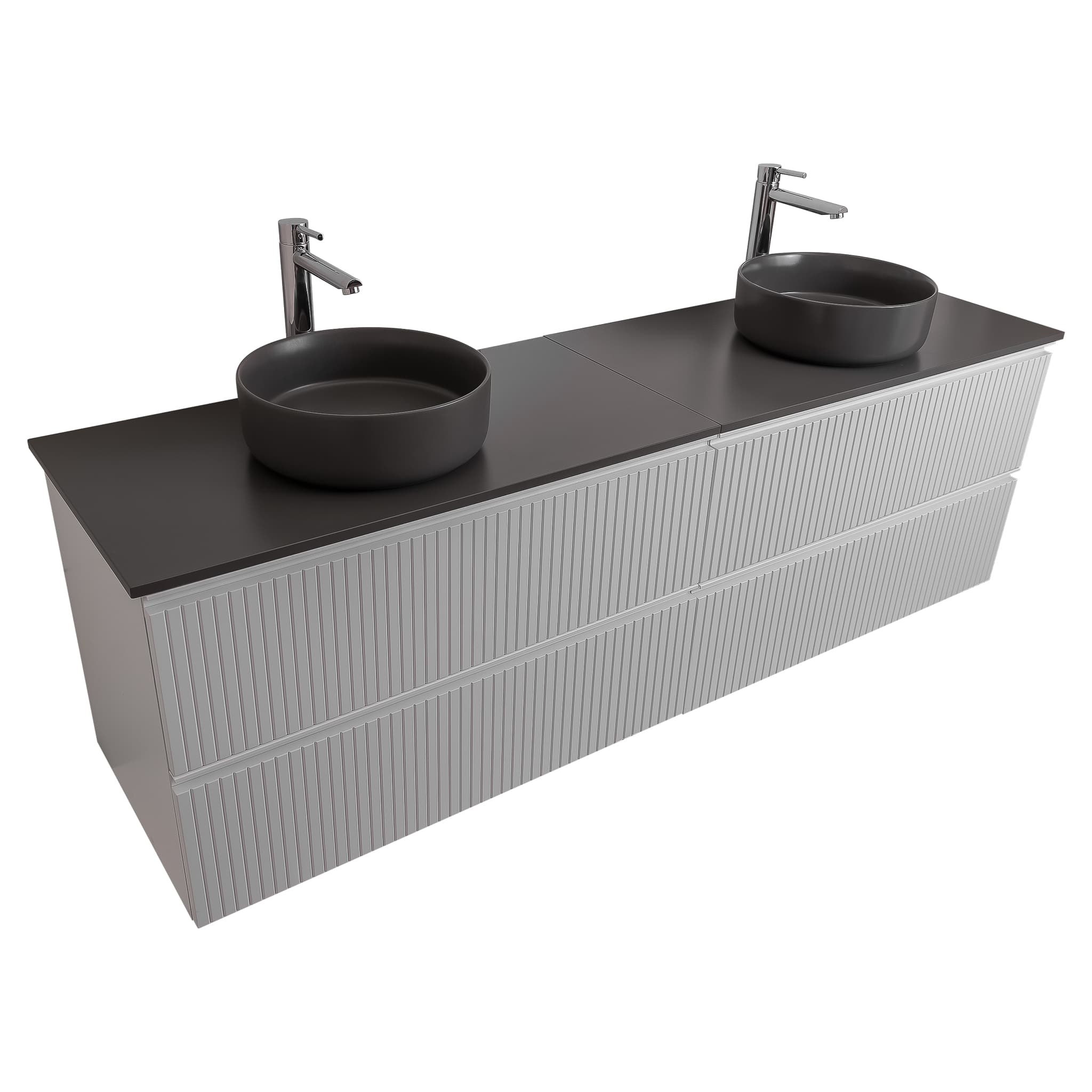 Ares 72 Matte White Cabinet, Ares Grey Ceniza Top And Two Ares Grey Ceniza Ceramic Basin, Wall Mounted Modern Vanity Set