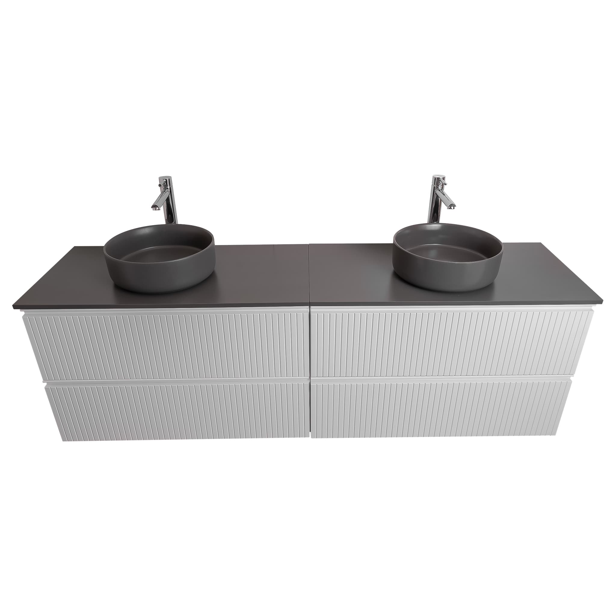 Ares 72 Matte White Cabinet, Ares Grey Ceniza Top And Two Ares Grey Ceniza Ceramic Basin, Wall Mounted Modern Vanity Set