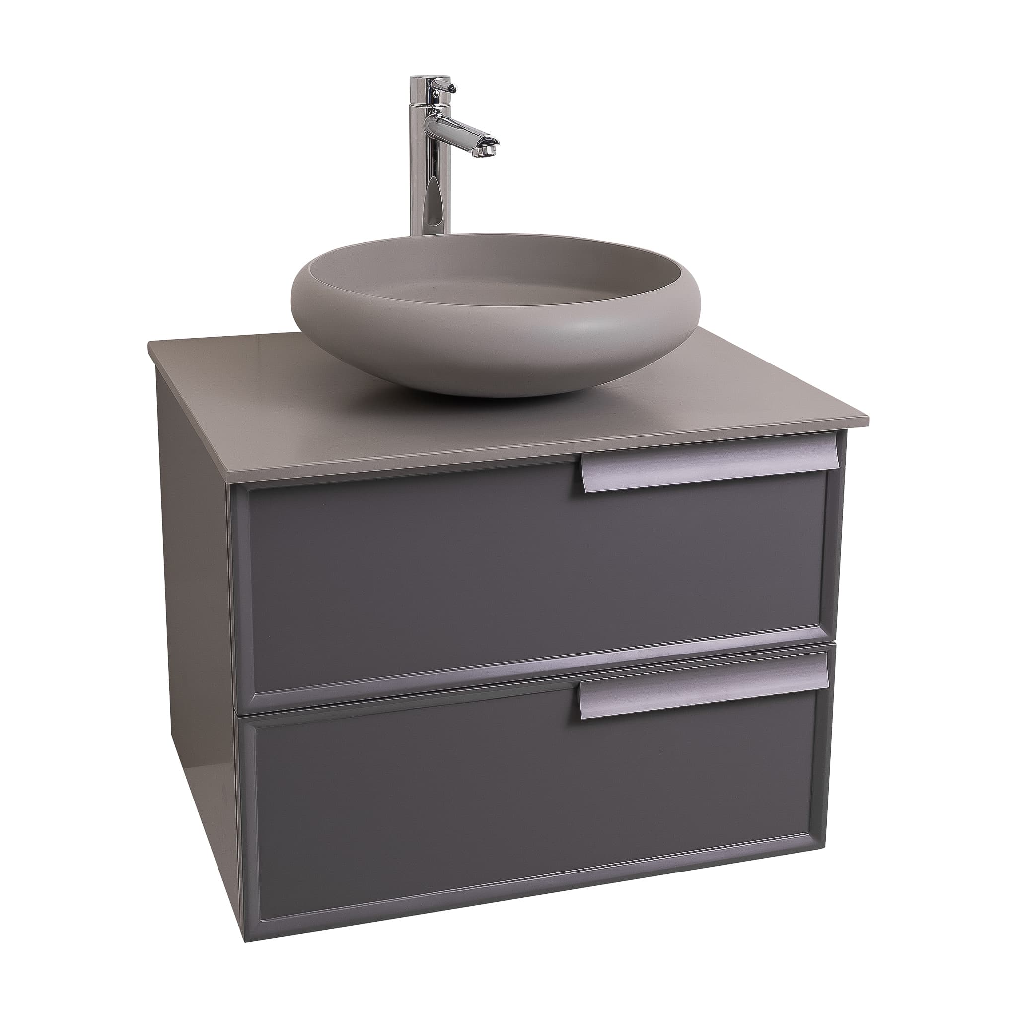 Garda 23.5 Matte Grey Cabinet, Solid Surface Flat Grey Counter and Round Solid Surface Grey Basin 1153, Wall Mounted Modern Vanity Set