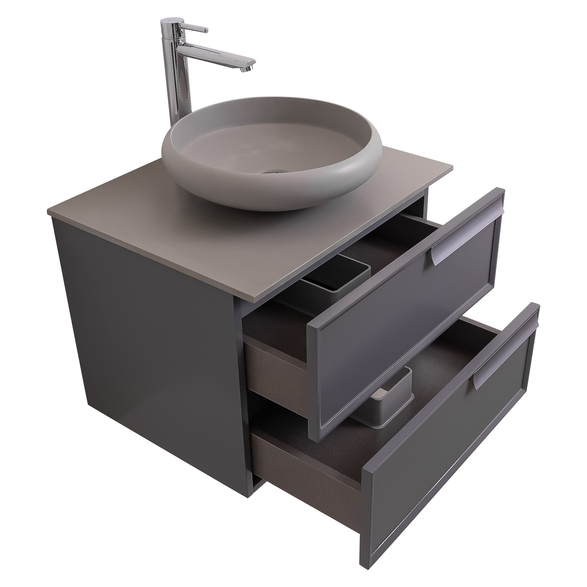 Garda 23.5 Matte Grey Cabinet, Solid Surface Flat Grey Counter and Round Solid Surface Grey Basin 1153, Wall Mounted Modern Vanity Set