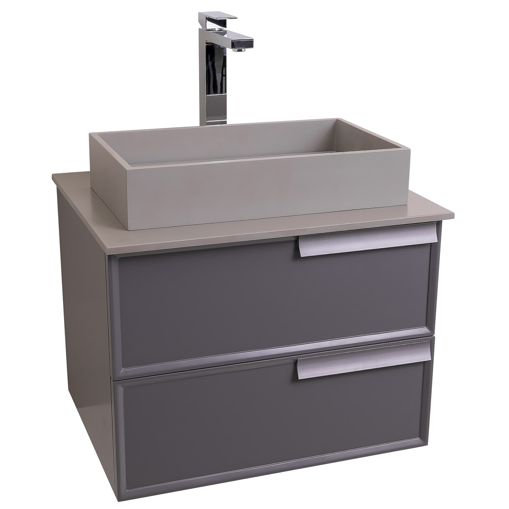 Garda 23.5 Matte Grey Cabinet, Solid Surface Flat Grey Counter and Infinity Square Solid Surface Grey Basin 1329, Wall Mounted Modern Vanity Set