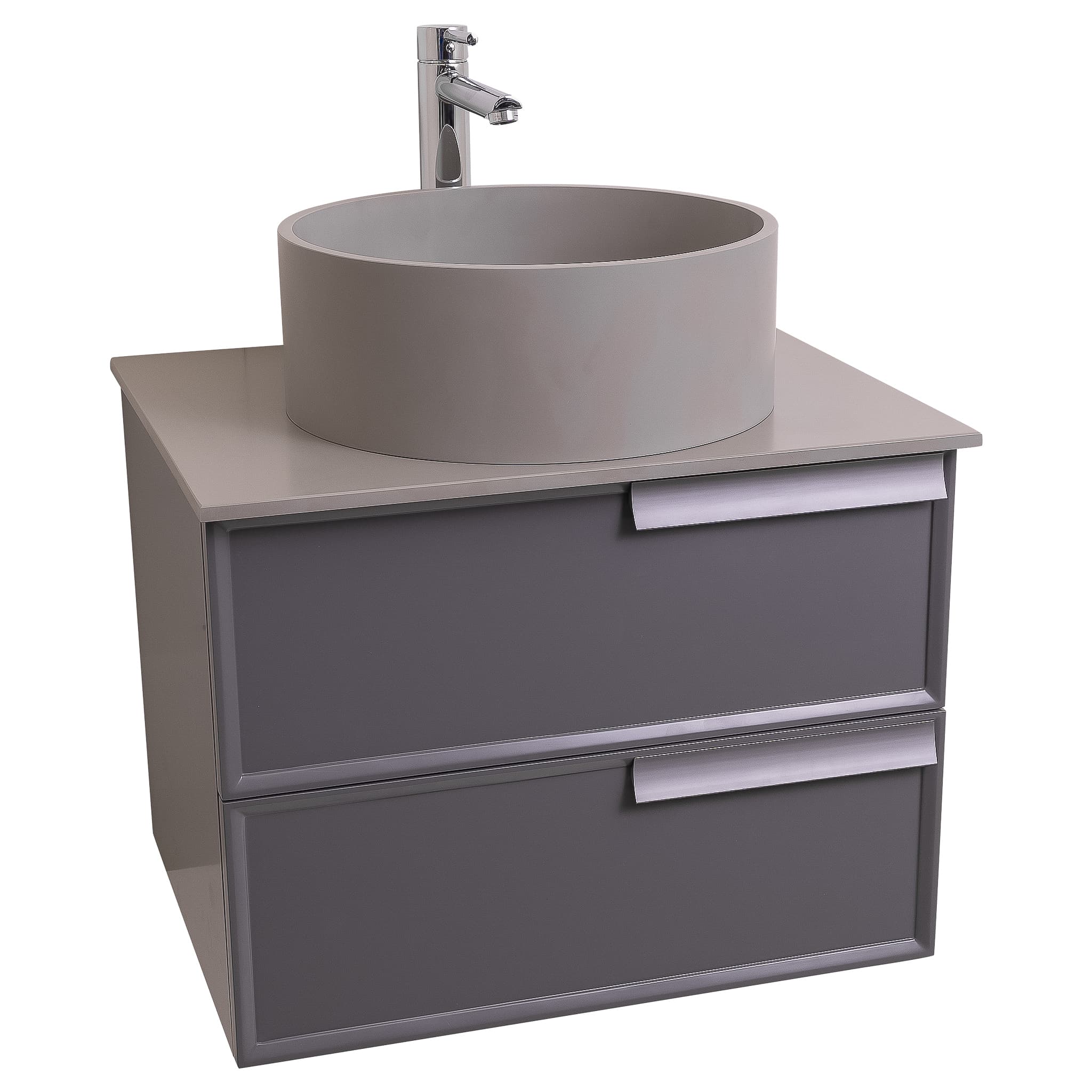 Garda 23.5 Matte Grey Cabinet, Solid Surface Flat Grey Counter and Round Solid Surface Grey Basin 1386, Wall Mounted Modern Vanity Set
