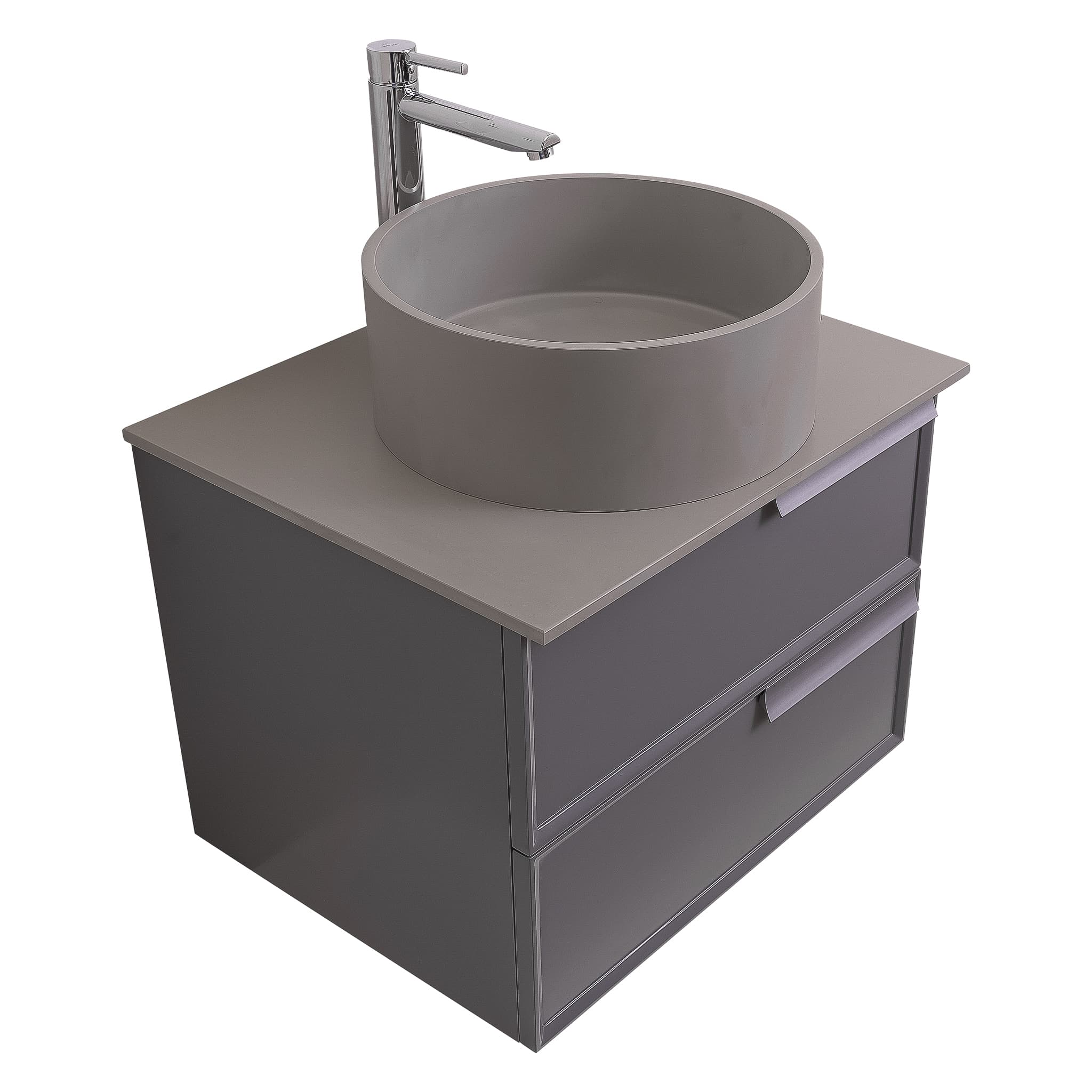 Garda 23.5 Matte Grey Cabinet, Solid Surface Flat Grey Counter and Round Solid Surface Grey Basin 1386, Wall Mounted Modern Vanity Set