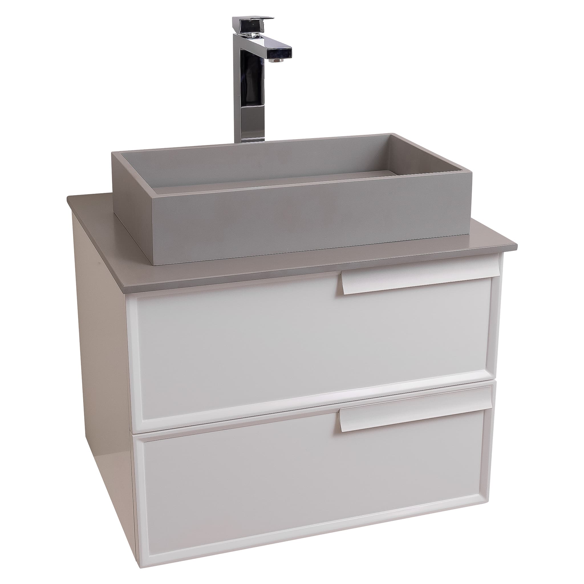 Garda 23.5 Matte White Cabinet, Solid Surface Flat Grey Counter and Infinity Square Solid Surface Grey Basin 1329, Wall Mounted Modern Vanity Set