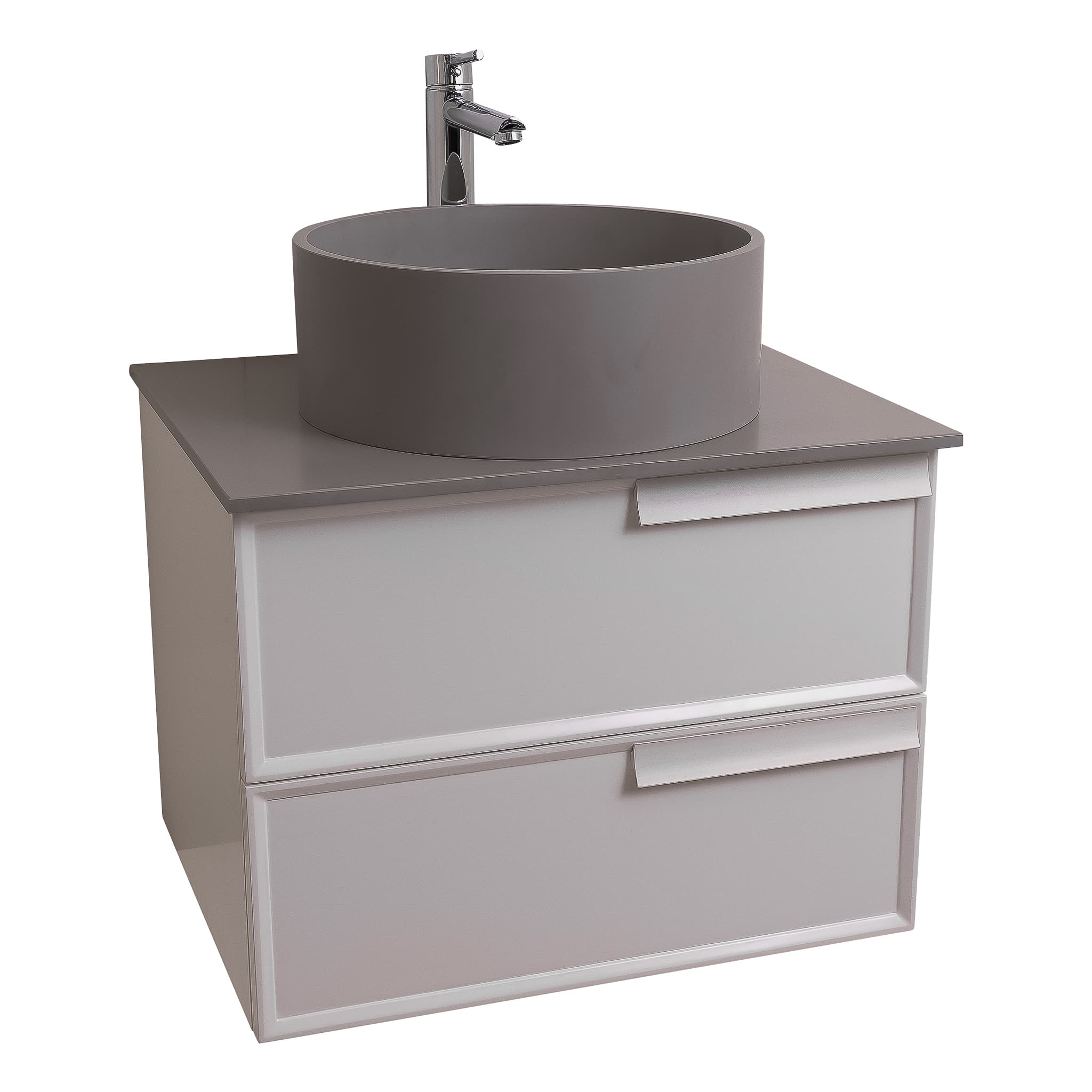Garda 23.5 Matte White Cabinet, Solid Surface Flat Grey Counter and Round Solid Surface Grey Basin 1386, Wall Mounted Modern Vanity Set