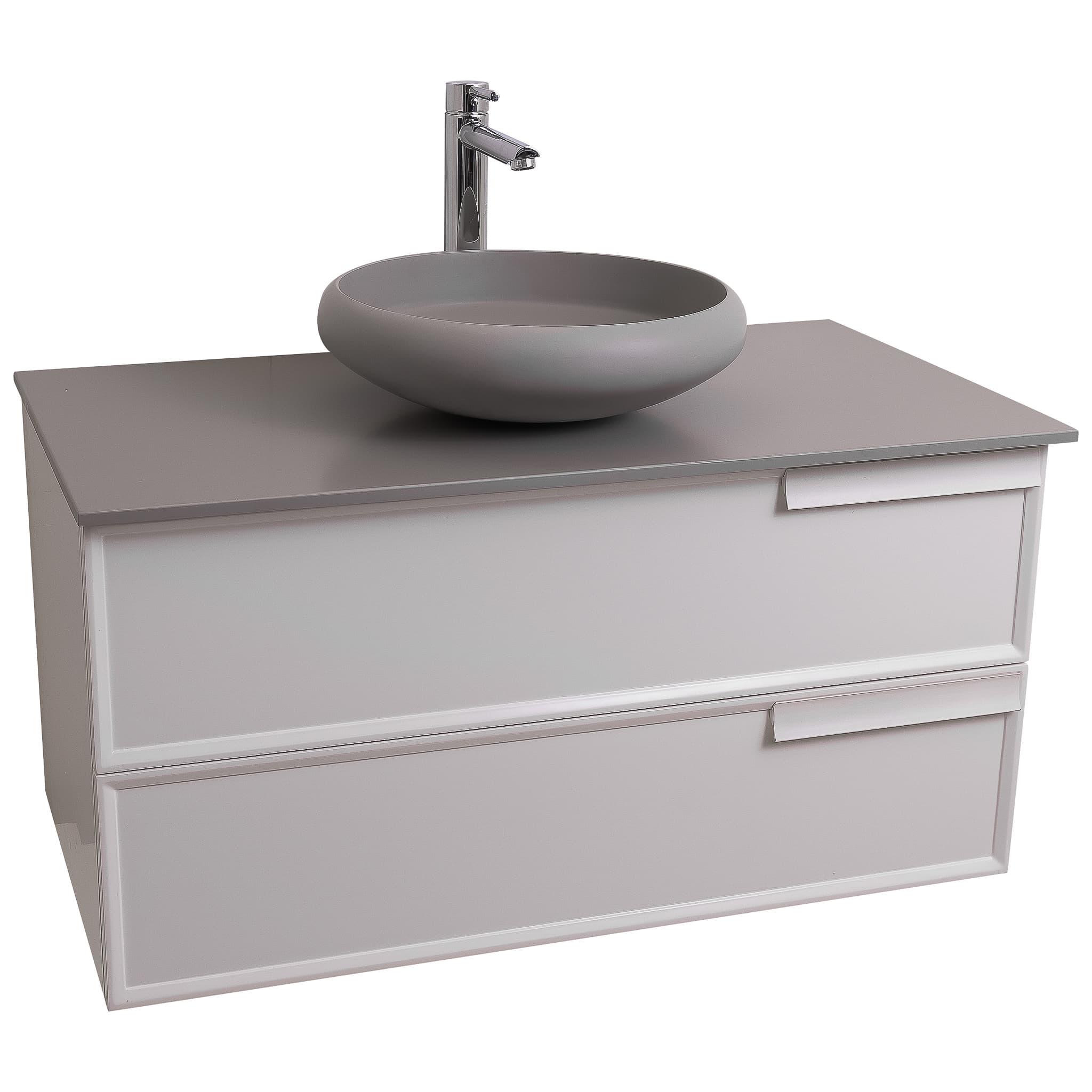 Garda 31.5 Matte White Cabinet, Solid Surface Flat Grey Counter and Round Solid Surface Grey Basin 1153, Wall Mounted Modern Vanity Set