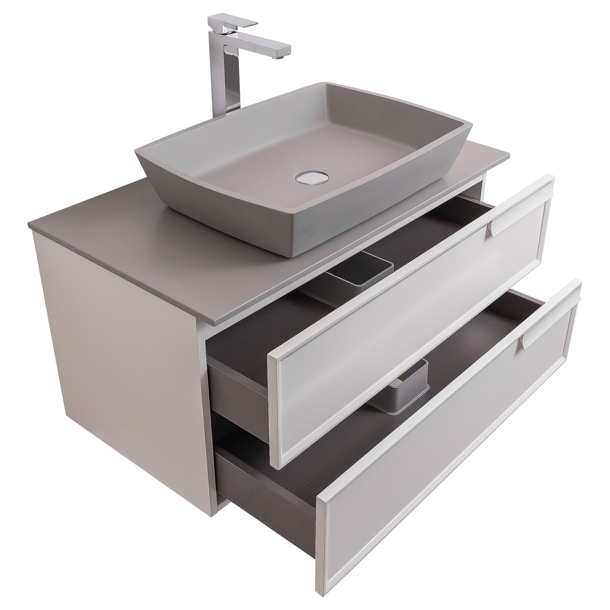 Garda 31.5 Matte White Cabinet, Solid Surface Flat Grey Counter and Square Solid Surface Grey Basin 1316, Wall Mounted Modern Vanity Set