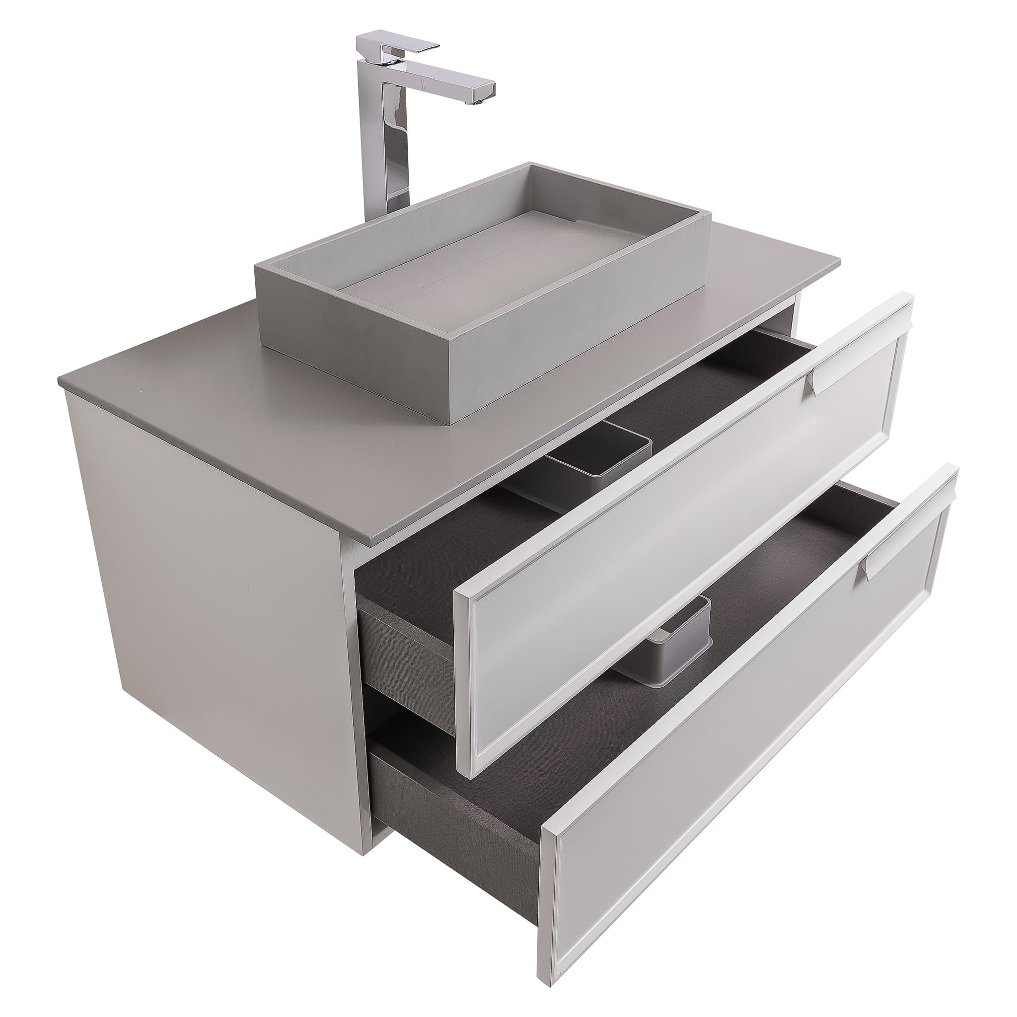 Garda 31.5 Matte White Cabinet, Solid Surface Flat Grey Counter and Infinity Square Solid Surface Grey Basin 1329, Wall Mounted Modern Vanity Set