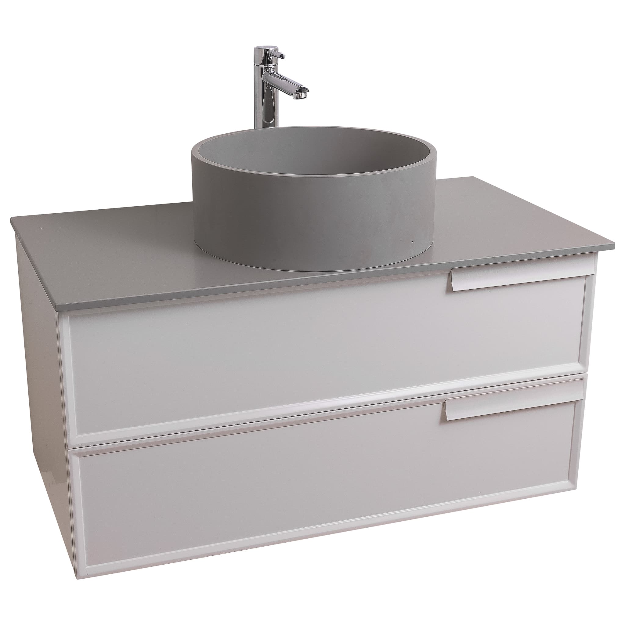 Garda 39.5 Matte White Cabinet, Solid Surface Flat Grey Counter and Round Solid Surface Grey Basin 1386, Wall Mounted Modern Vanity Set