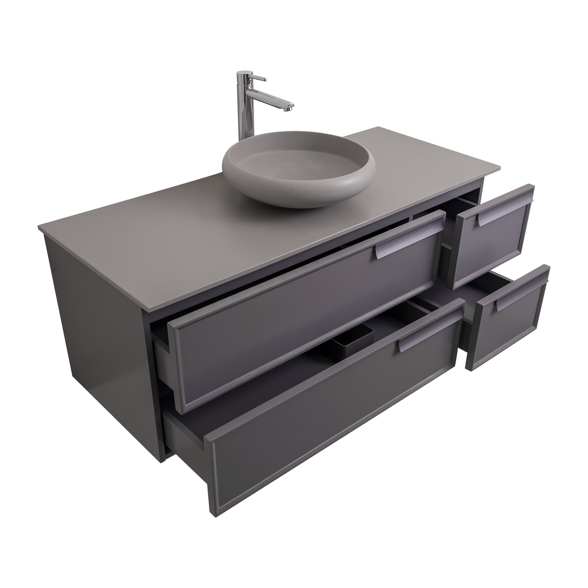Garda 47.5 Matte Grey Cabinet, Solid Surface Flat Grey Counter and Round Solid Surface Grey Basin 1153, Wall Mounted Modern Vanity Set