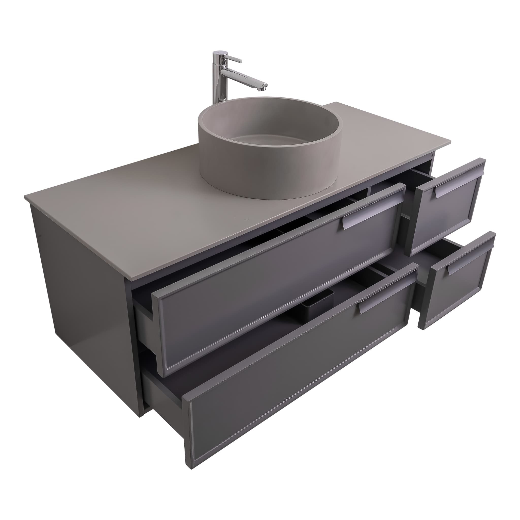Garda 47.5 Matte Grey Cabinet, Solid Surface Flat Grey Counter and Round Solid Surface Grey Basin 1386, Wall Mounted Modern Vanity Set