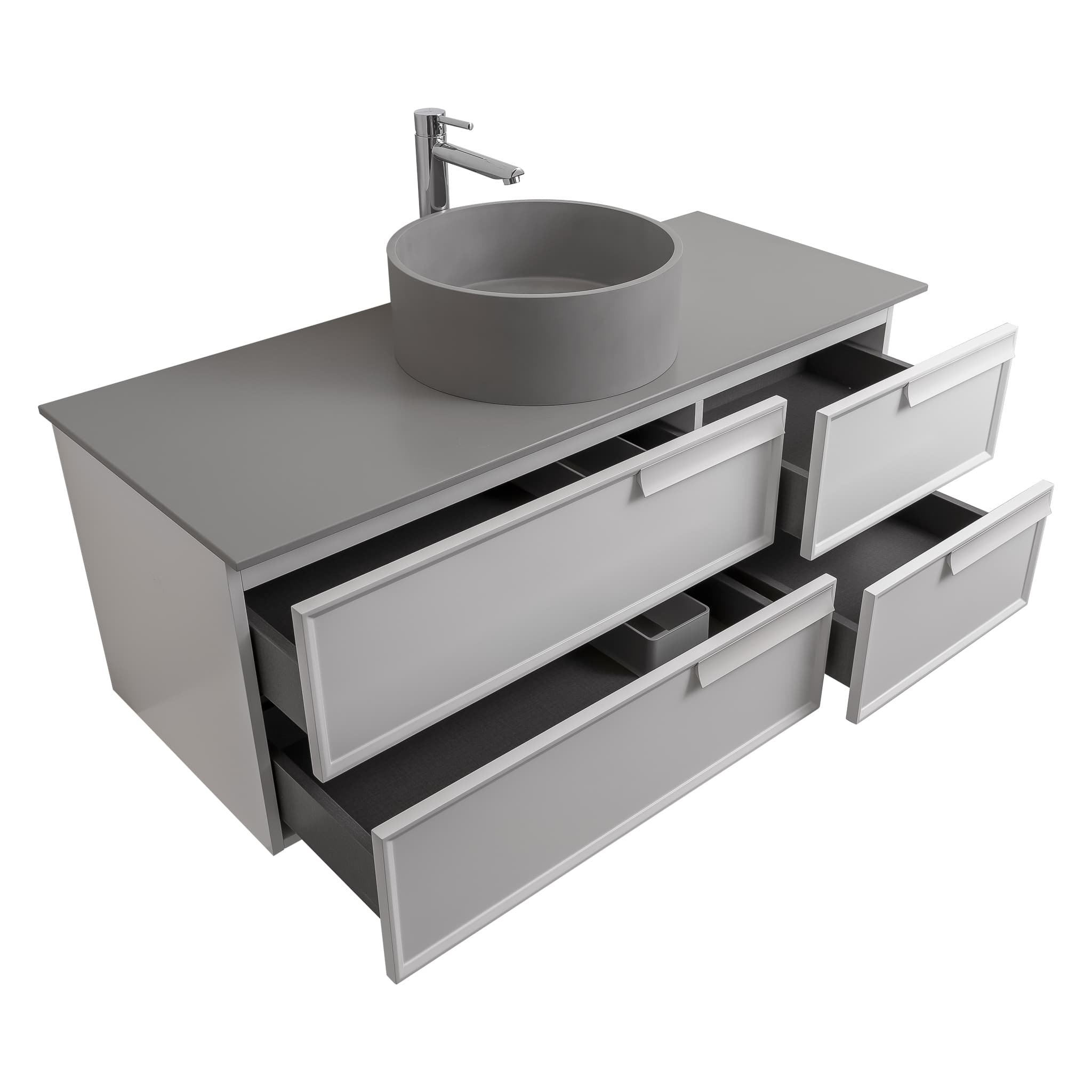 Garda 47.5 Matte White Cabinet, Solid Surface Flat Grey Counter and Round Solid Surface Grey Basin 1386, Wall Mounted Modern Vanity Set