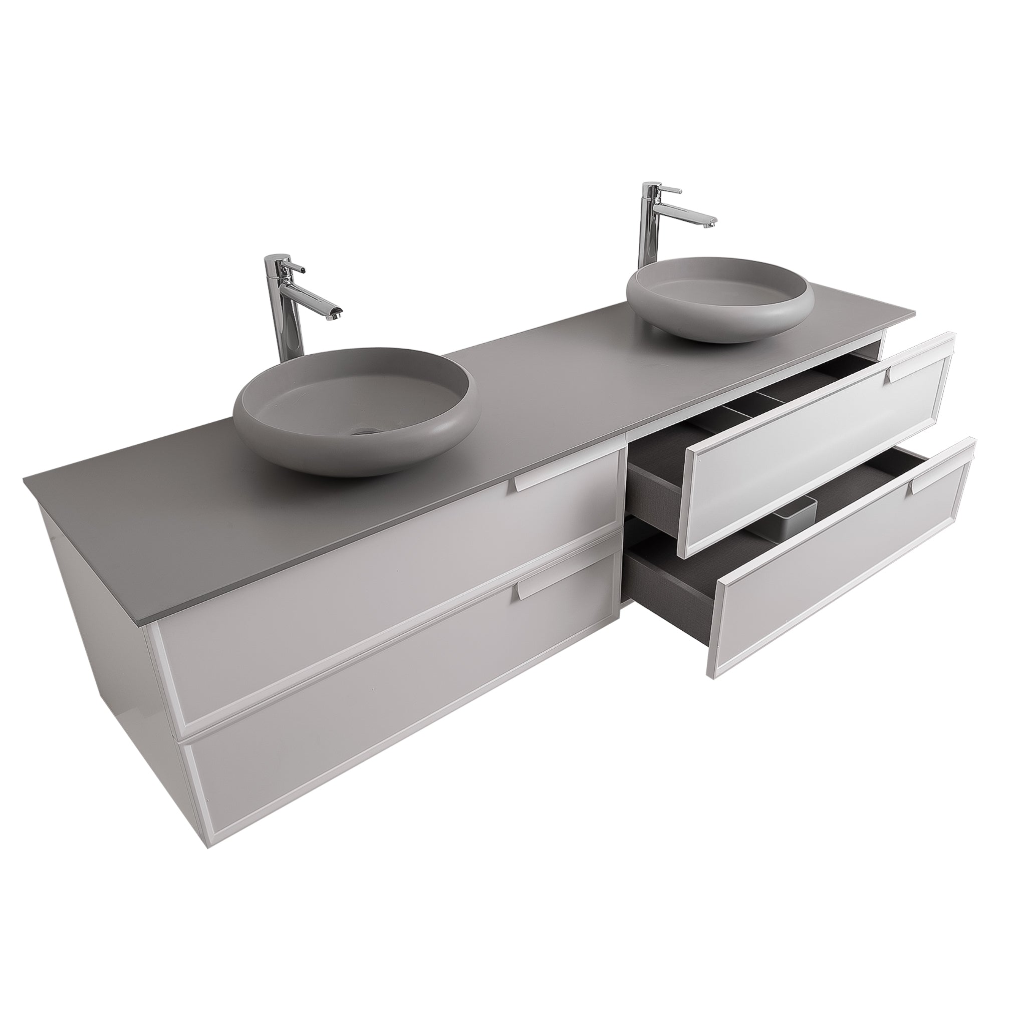 Garda 63 Matte White Cabinet, Solid Surface Flat Grey Counter and Two Round Solid Surface Grey Basin 1153, Wall Mounted Modern Vanity Set