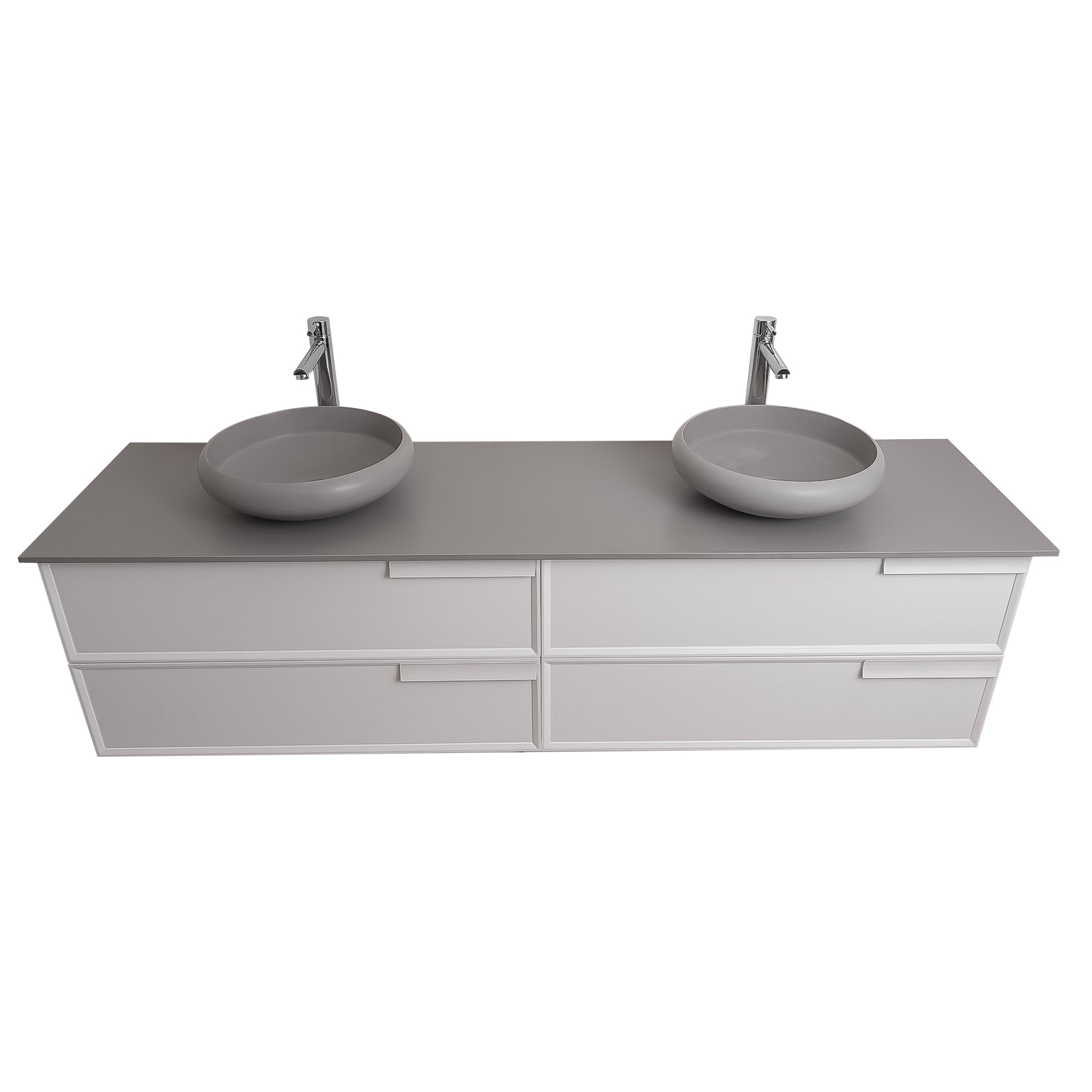 Garda 63 Matte White Cabinet, Solid Surface Flat Grey Counter and Two Round Solid Surface Grey Basin 1153, Wall Mounted Modern Vanity Set