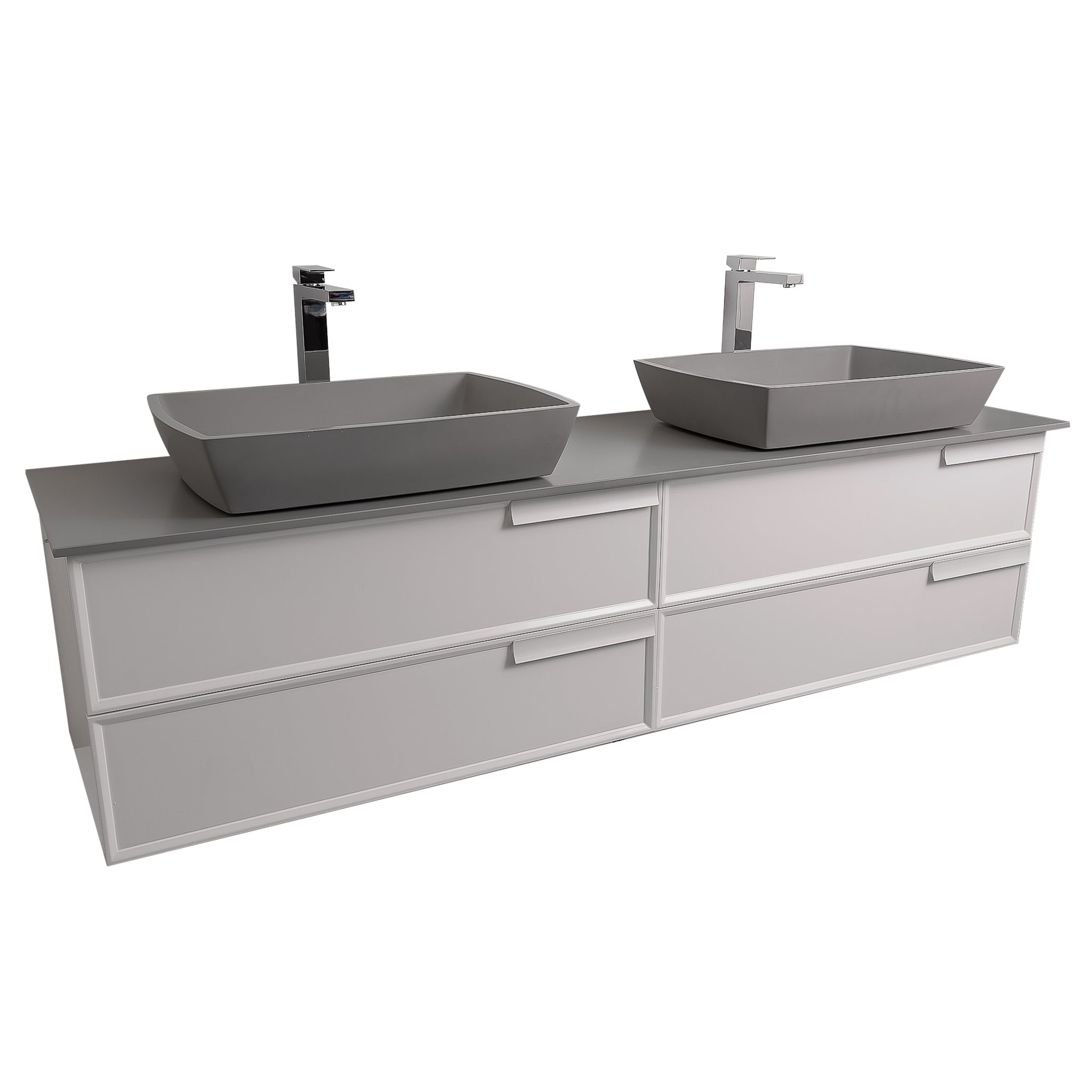 Garda 63 Matte White Cabinet, Solid Surface Flat Grey Counter and Two Square Solid Surface Grey Basin 1316, Wall Mounted Modern Vanity Set