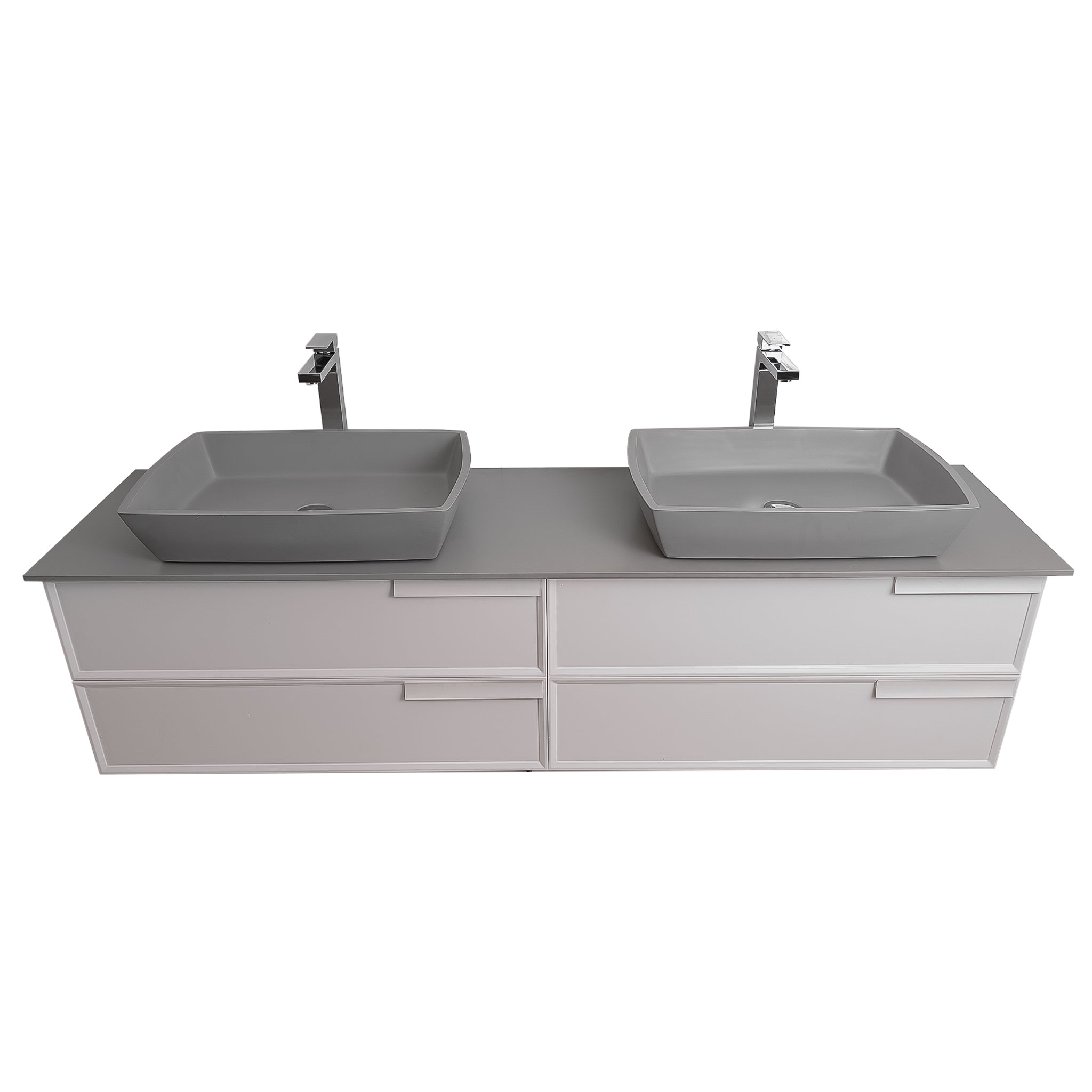 Garda 63 Matte White Cabinet, Solid Surface Flat Grey Counter and Two Square Solid Surface Grey Basin 1316, Wall Mounted Modern Vanity Set