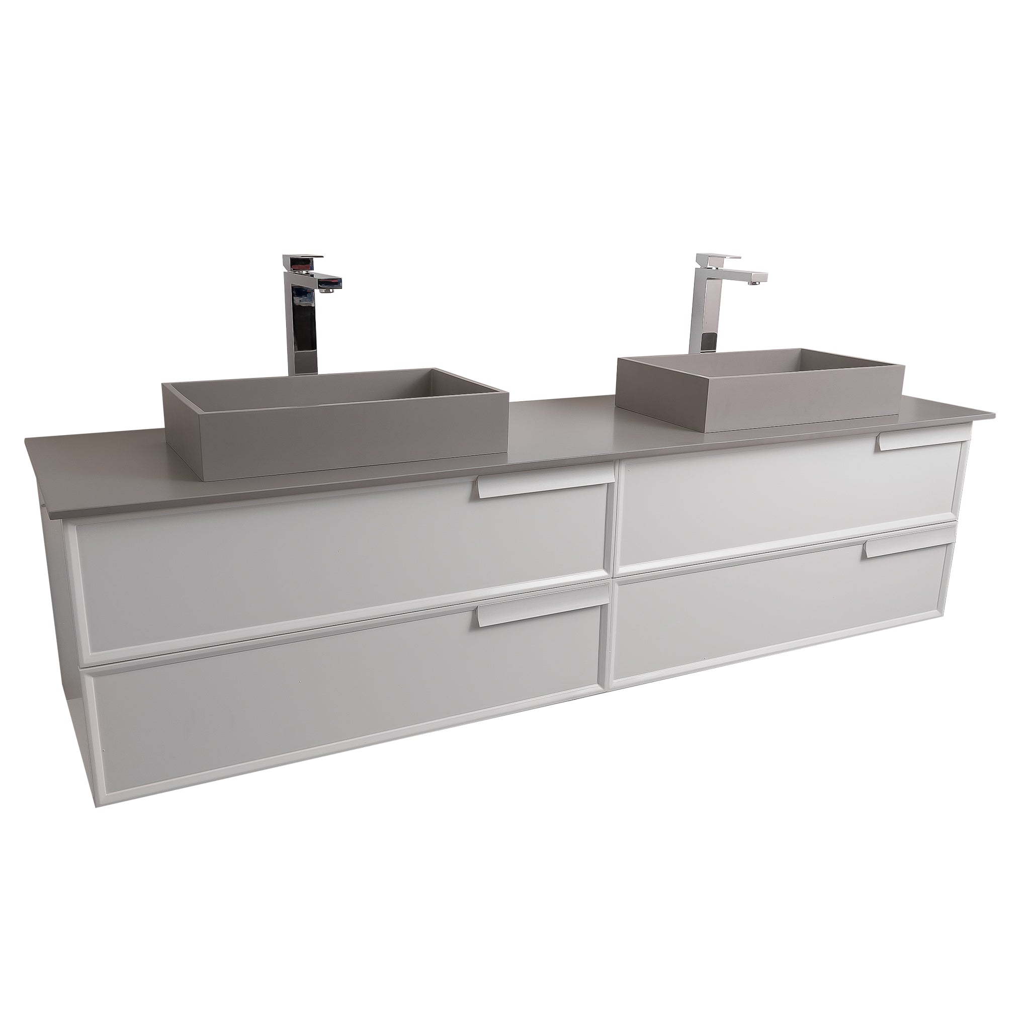 Garda 63 Matte White Cabinet, Solid Surface Flat Grey Counter and Two Infinity Square Solid Surface Grey Basin 1329, Wall Mounted Modern Vanity Set