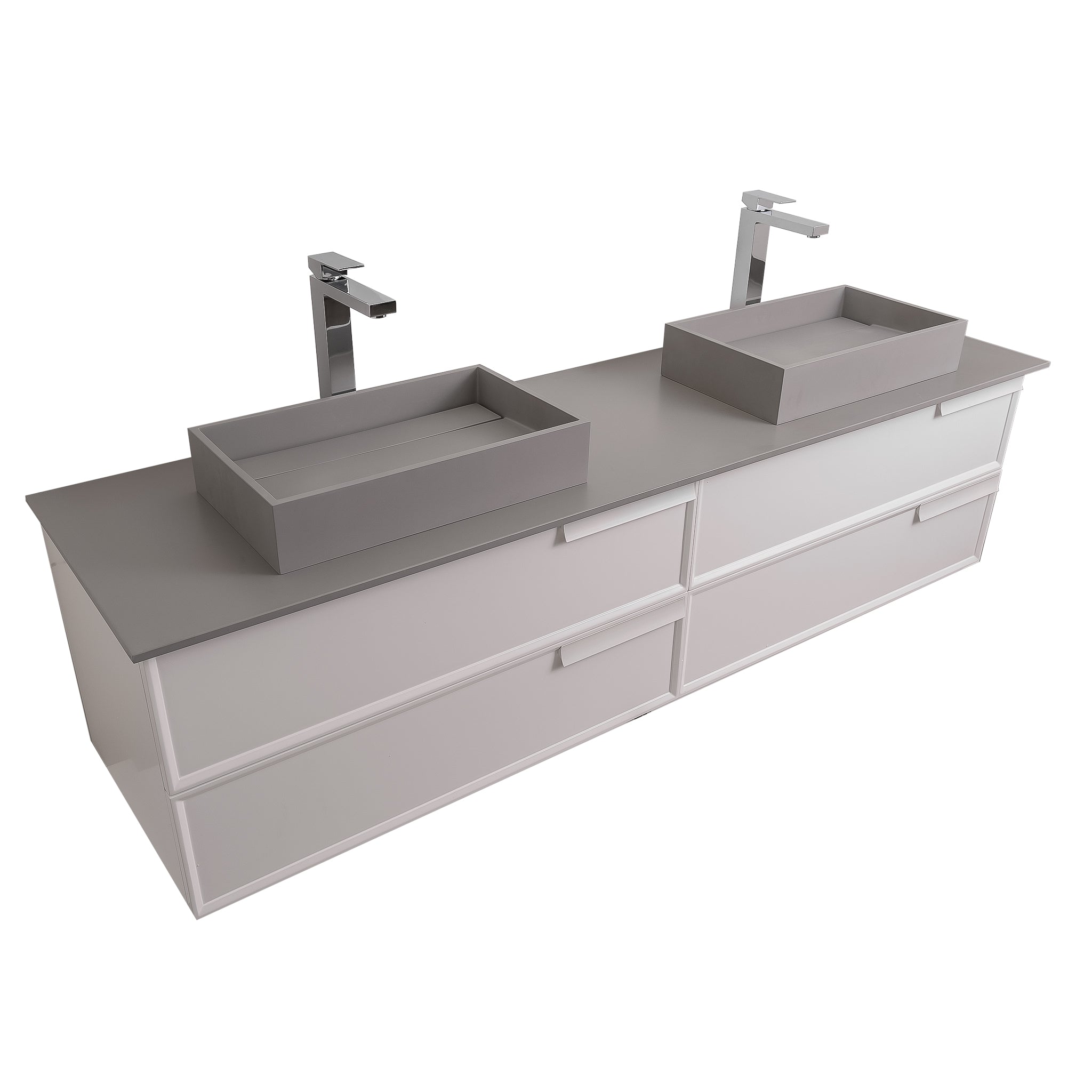 Garda 63 Matte White Cabinet, Solid Surface Flat Grey Counter and Two Infinity Square Solid Surface Grey Basin 1329, Wall Mounted Modern Vanity Set