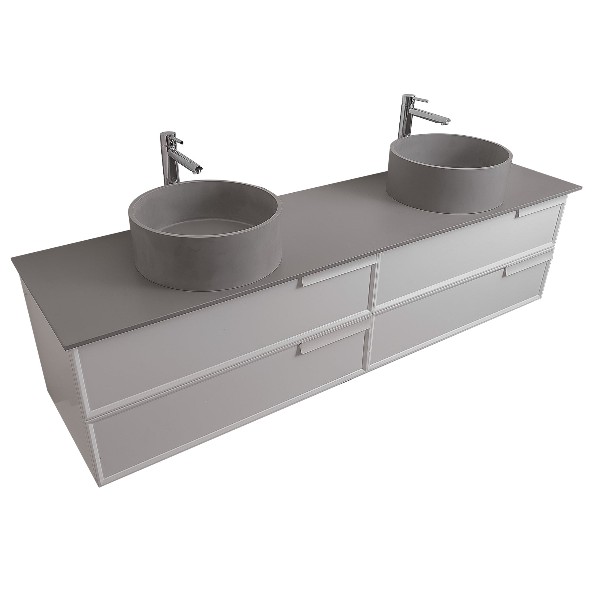 Garda 63 Matte White Cabinet, Solid Surface Flat Grey Counter and Two Round Solid Surface Grey Basin 1386, Wall Mounted Modern Vanity Set
