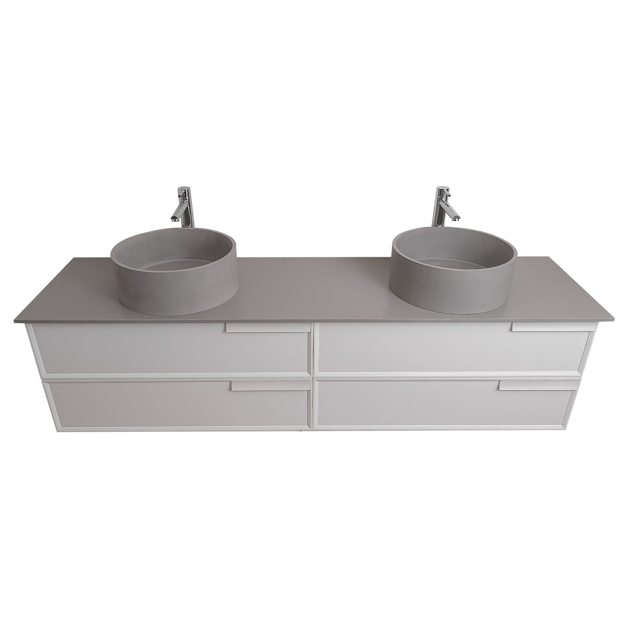 Garda 63 Matte White Cabinet, Solid Surface Flat Grey Counter and Two Round Solid Surface Grey Basin 1386, Wall Mounted Modern Vanity Set