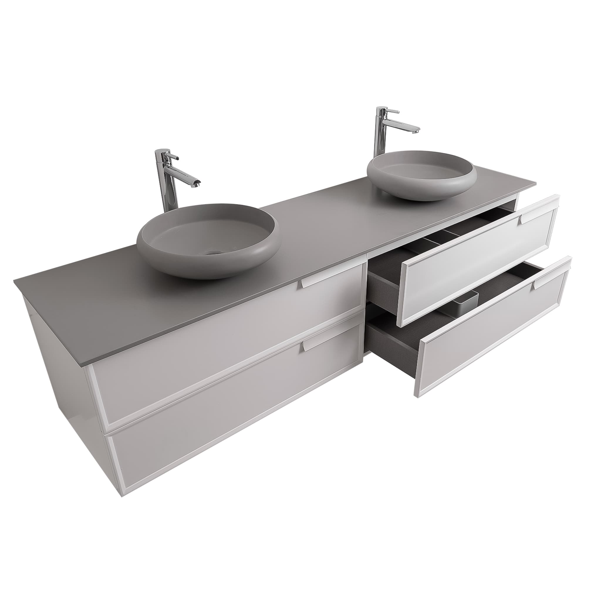Garda 72 Matte White Cabinet, Solid Surface Flat Grey Counter and Two Round Solid Surface Grey Basin 1153, Wall Mounted Modern Vanity Set