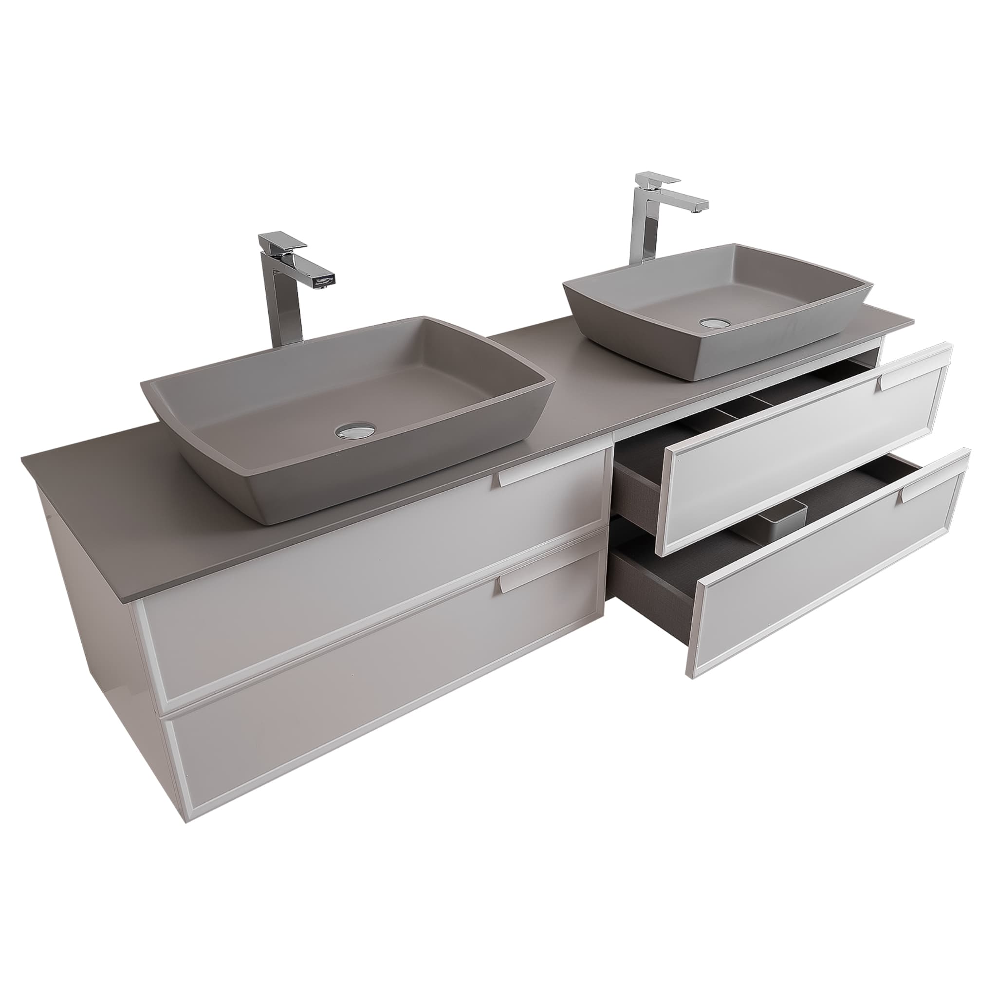 Garda 72 Matte White Cabinet, Solid Surface Flat Grey Counter and Two Square Solid Surface Grey Basin 1316, Wall Mounted Modern Vanity Set