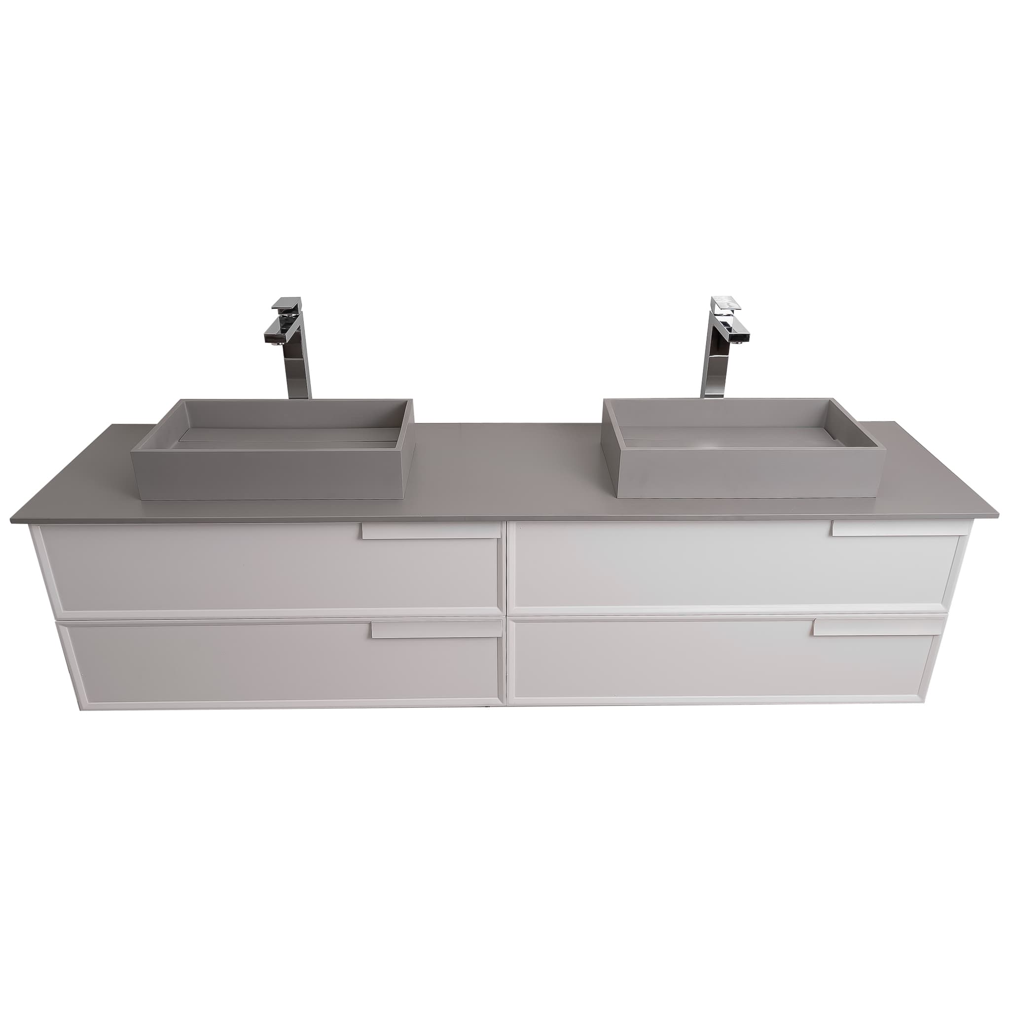 Garda 72 Matte White Cabinet, Solid Surface Flat Grey Counter and Two Infinity Square Solid Surface Grey Basin 1329, Wall Mounted Modern Vanity Set