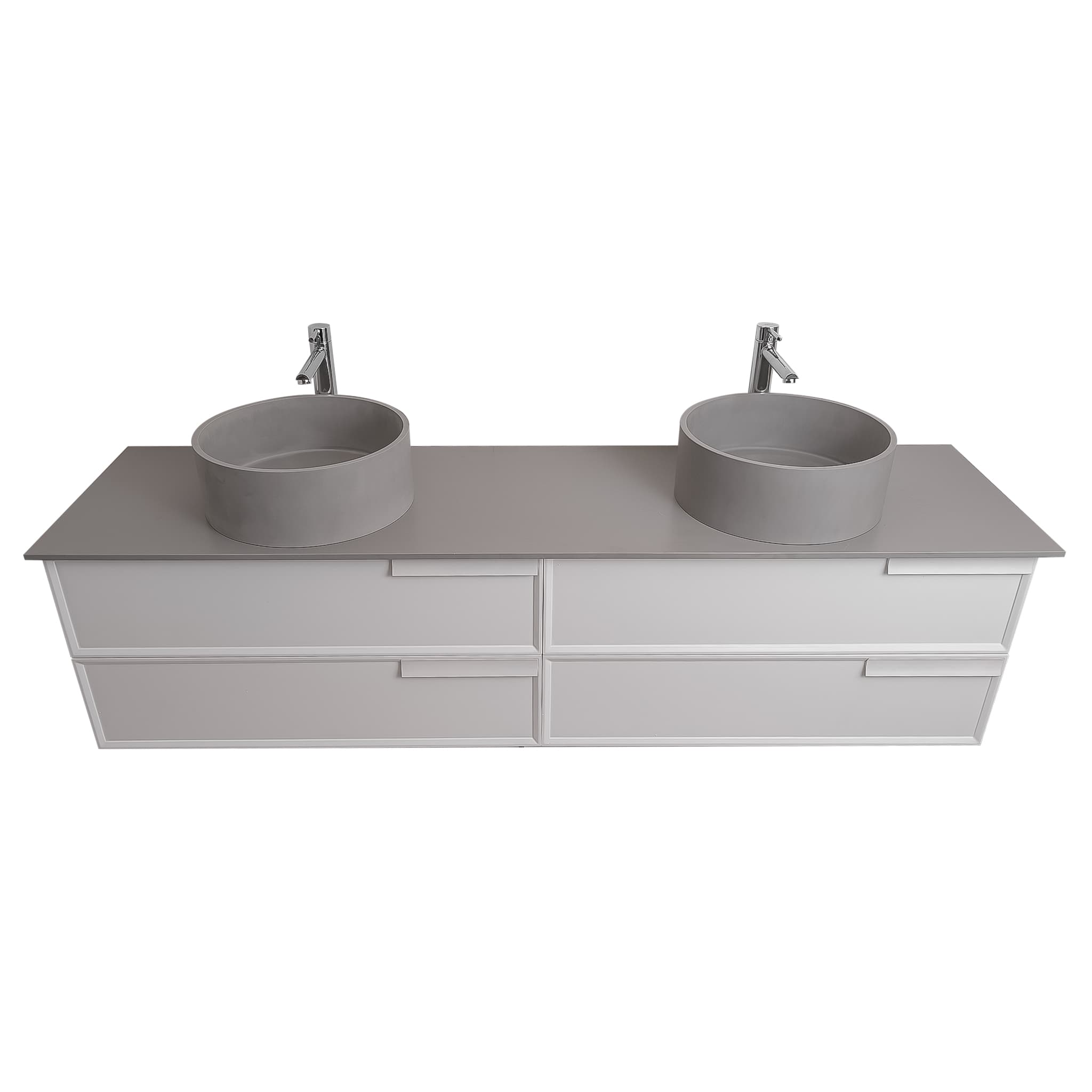Garda 72 Matte White Cabinet, Solid Surface Flat Grey Counter and Two Round Solid Surface Grey Basin 1386, Wall Mounted Modern Vanity Set