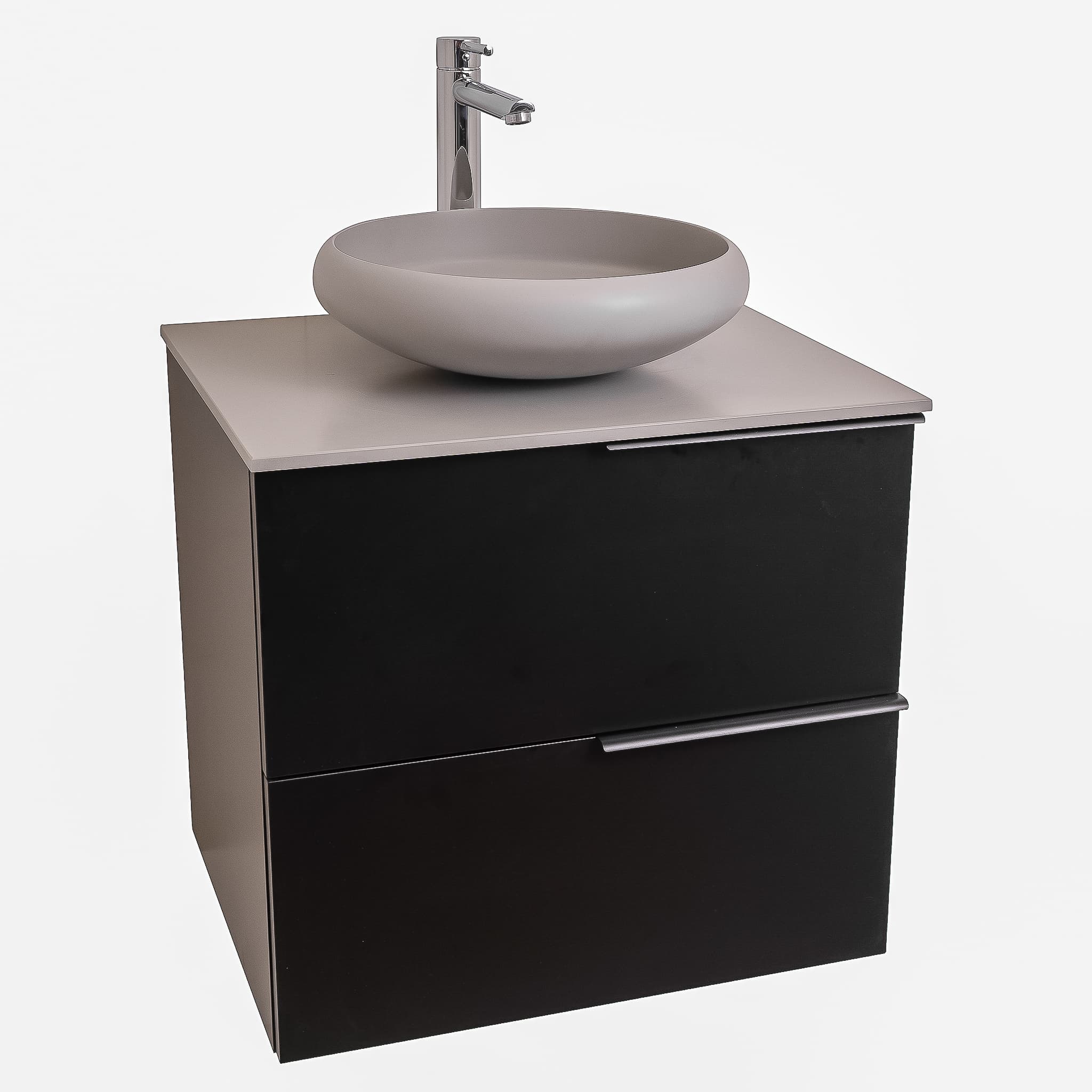 Mallorca 23.5 Matte Black Cabinet, Solid Surface Flat Grey Counter And Round Solid Surface Grey Basin 1153, Wall Mounted Modern Vanity Set