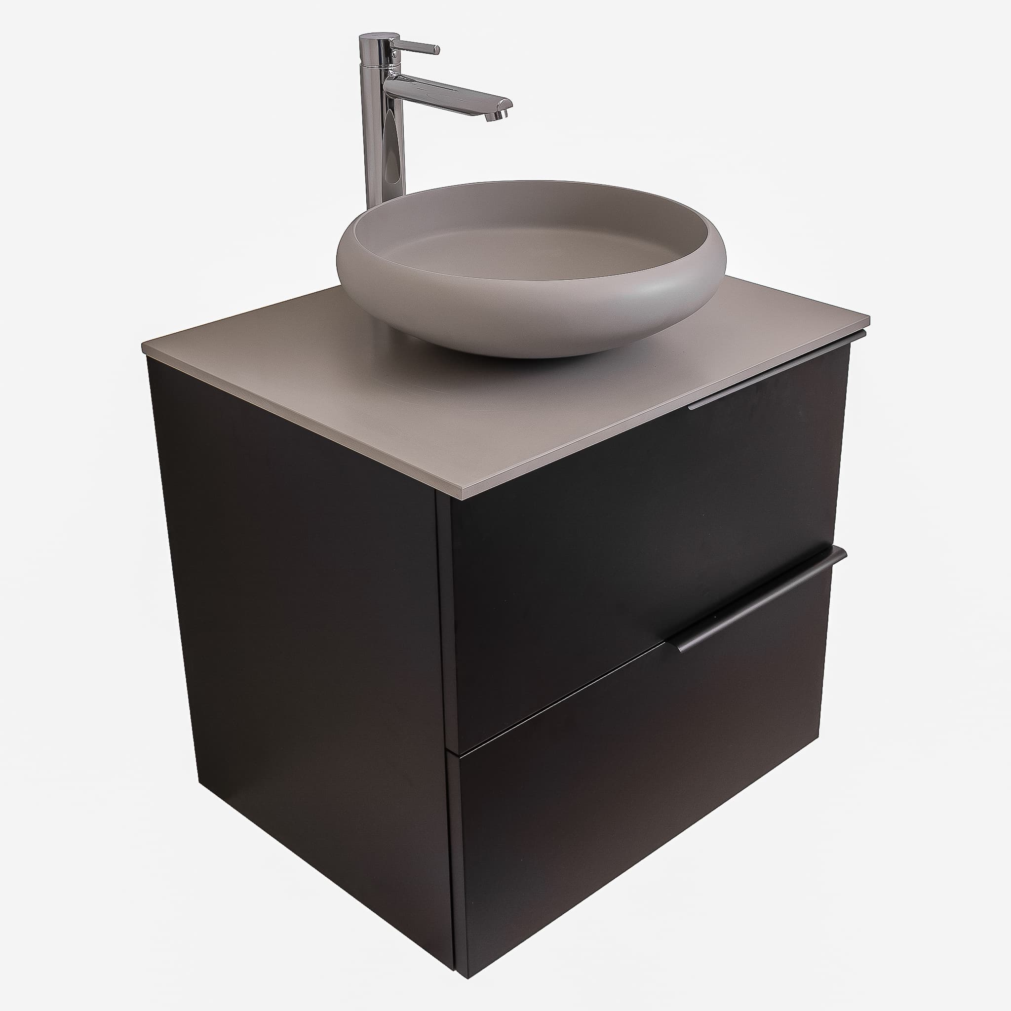 Mallorca 23.5 Matte Black Cabinet, Solid Surface Flat Grey Counter And Round Solid Surface Grey Basin 1153, Wall Mounted Modern Vanity Set