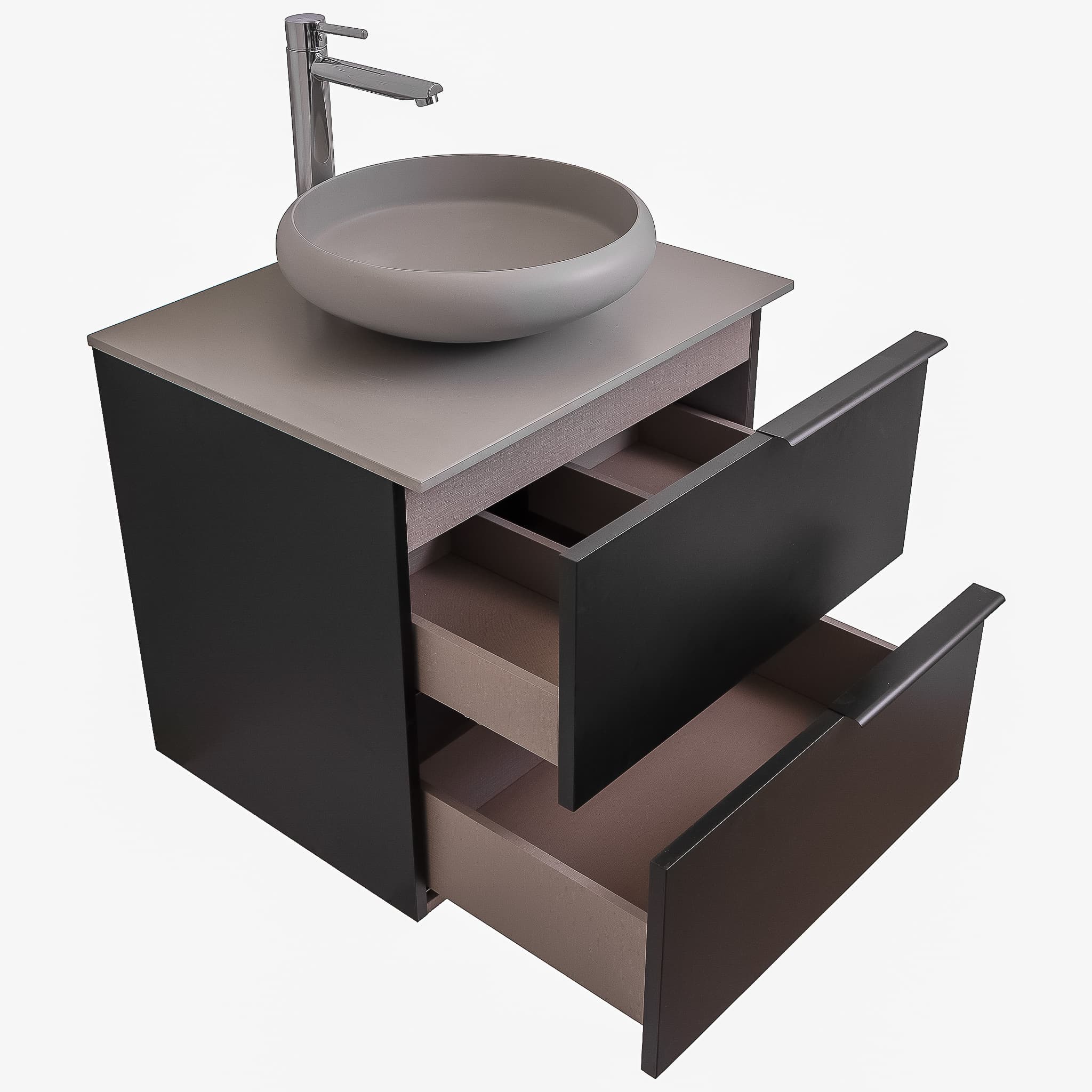 Mallorca 23.5 Matte Black Cabinet, Solid Surface Flat Grey Counter And Round Solid Surface Grey Basin 1153, Wall Mounted Modern Vanity Set