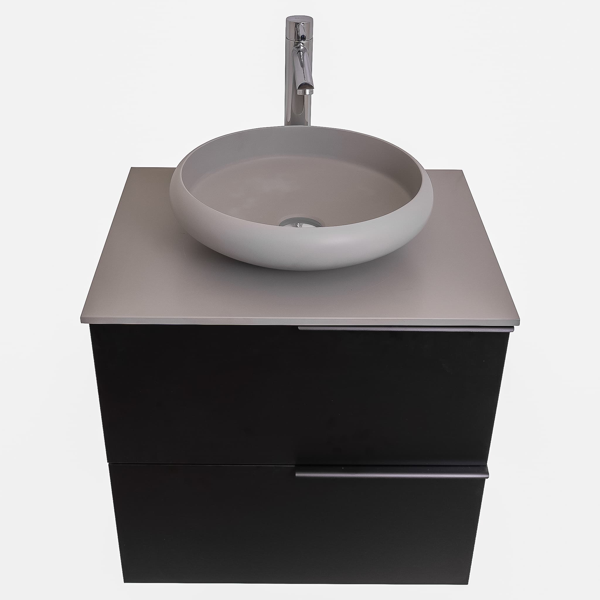 Mallorca 23.5 Matte Black Cabinet, Solid Surface Flat Grey Counter And Round Solid Surface Grey Basin 1153, Wall Mounted Modern Vanity Set