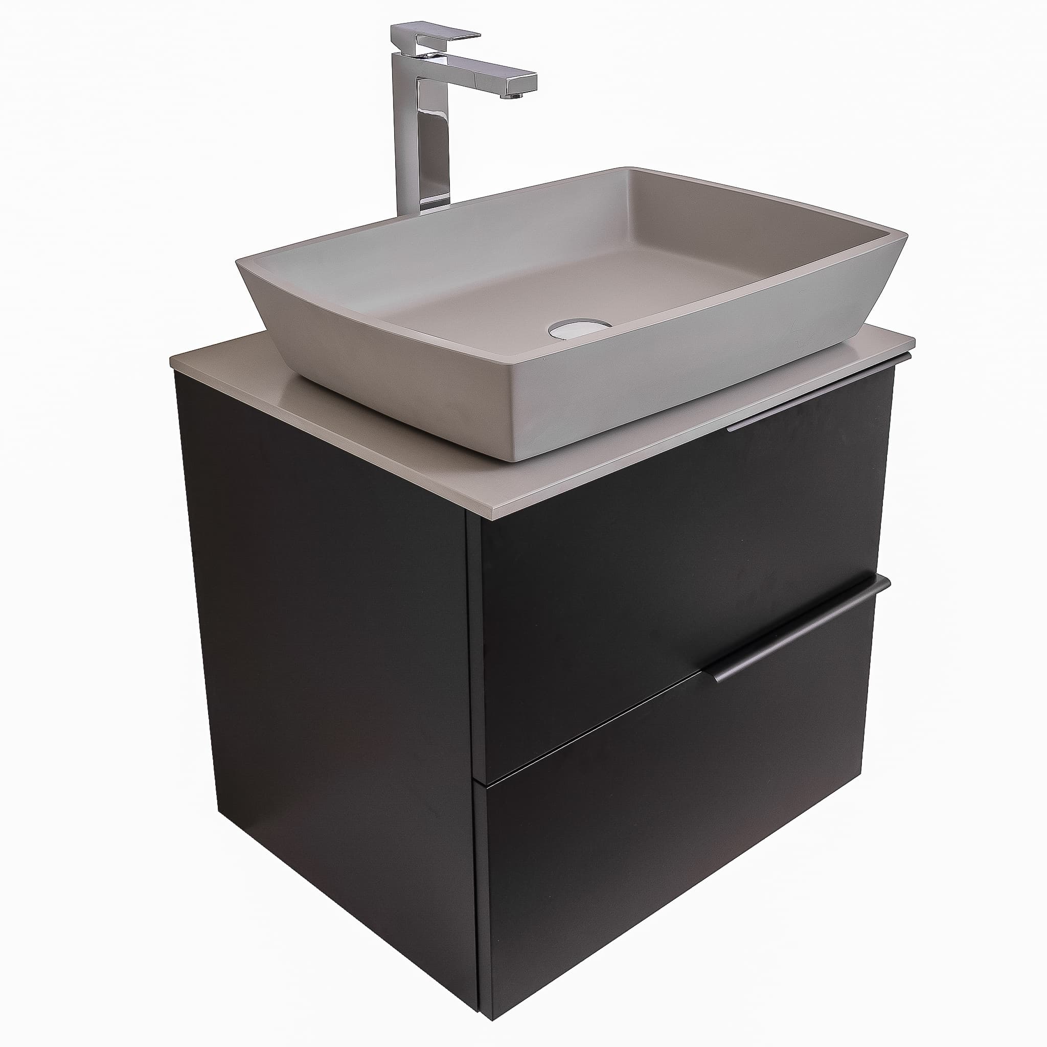 Mallorca 23.5 Matte Black Cabinet, Solid Surface Flat Grey Counter And Square Solid Surface Grey Basin 1316, Wall Mounted Modern Vanity Set