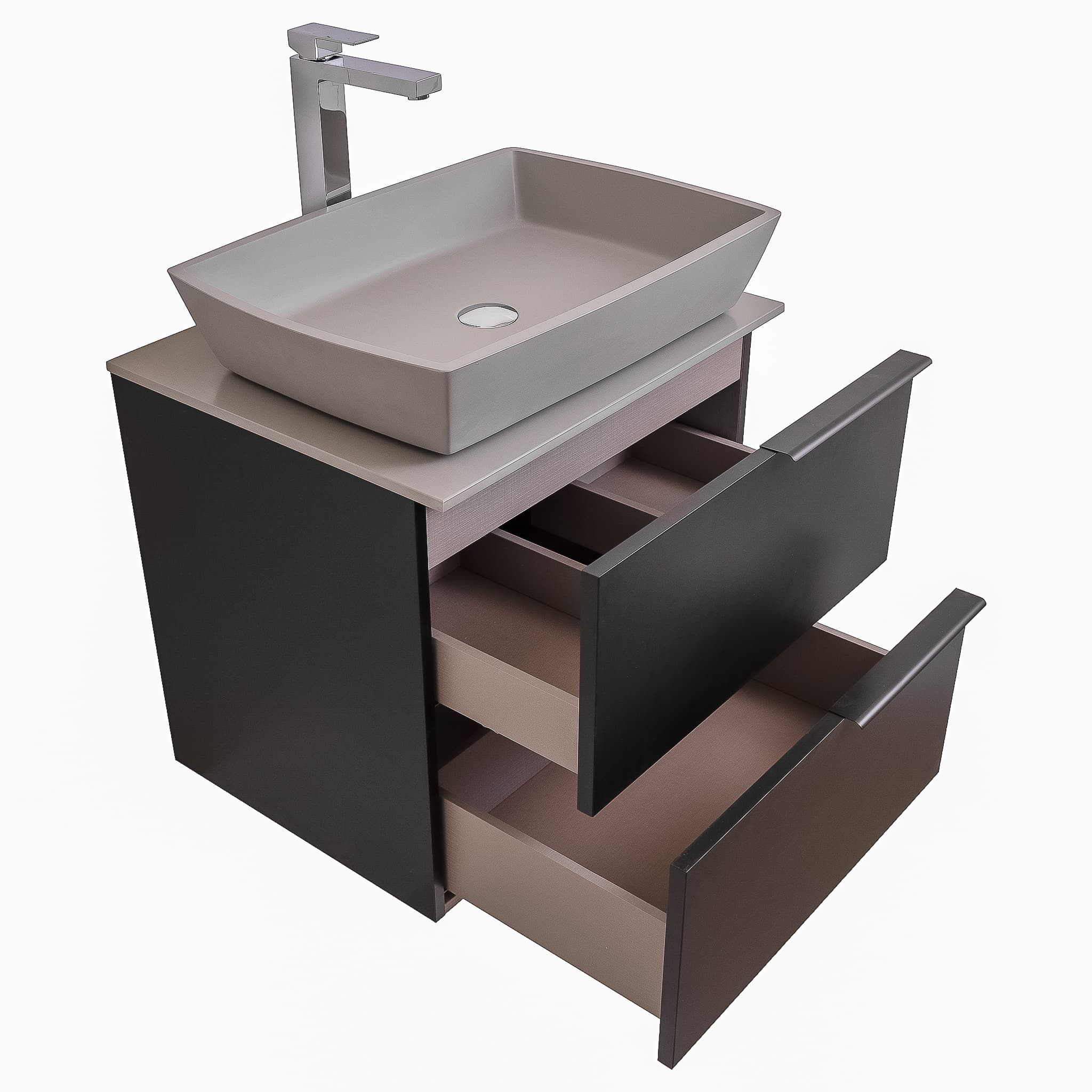 Mallorca 23.5 Matte Black Cabinet, Solid Surface Flat Grey Counter And Square Solid Surface Grey Basin 1316, Wall Mounted Modern Vanity Set