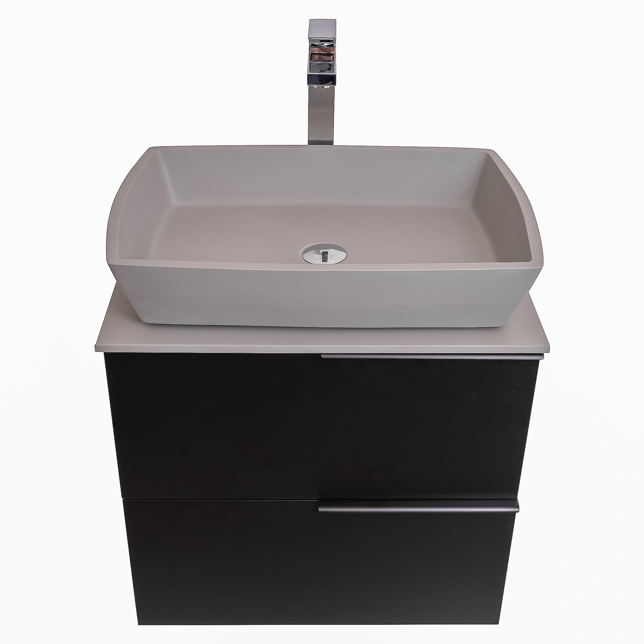 Mallorca 23.5 Matte Black Cabinet, Solid Surface Flat Grey Counter And Square Solid Surface Grey Basin 1316, Wall Mounted Modern Vanity Set