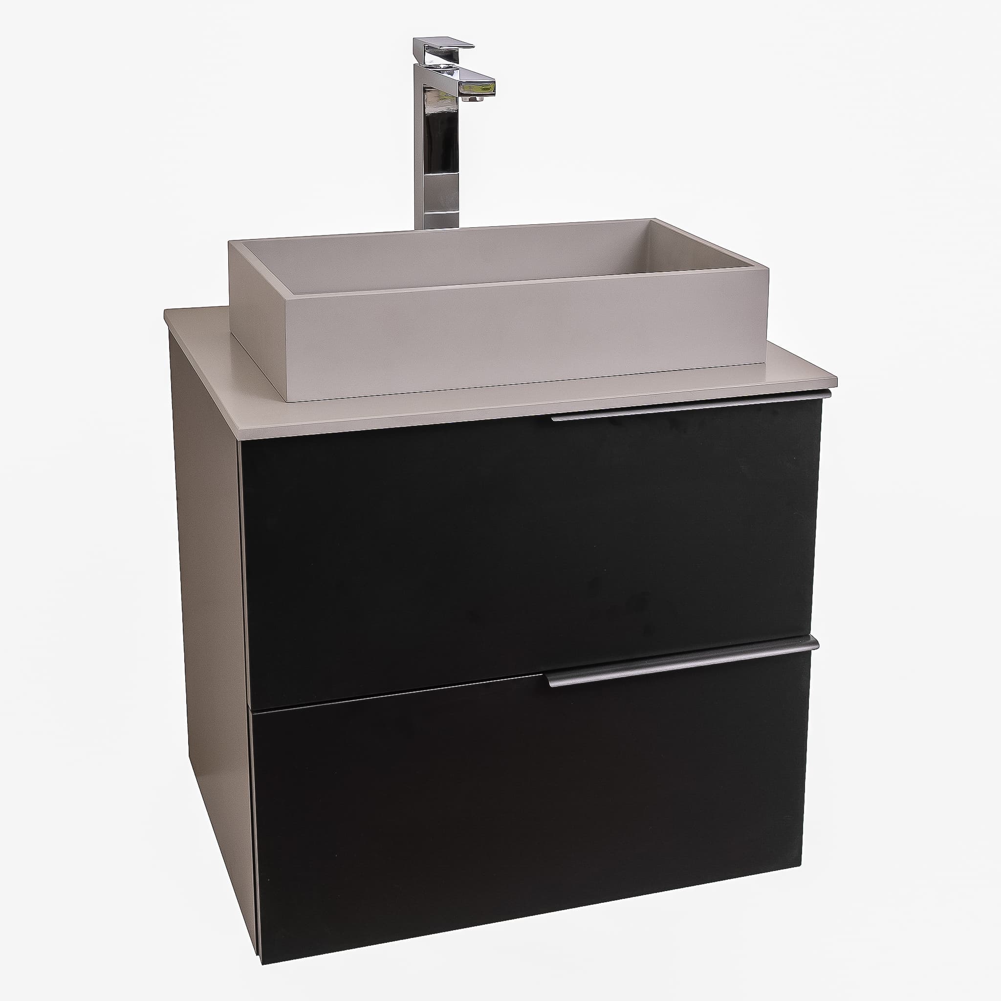 Mallorca 23.5 Matte Black Cabinet, Solid Surface Flat Grey Counter And Infinity Square Solid Surface Grey Basin 1329, Wall Mounted Modern Vanity Set