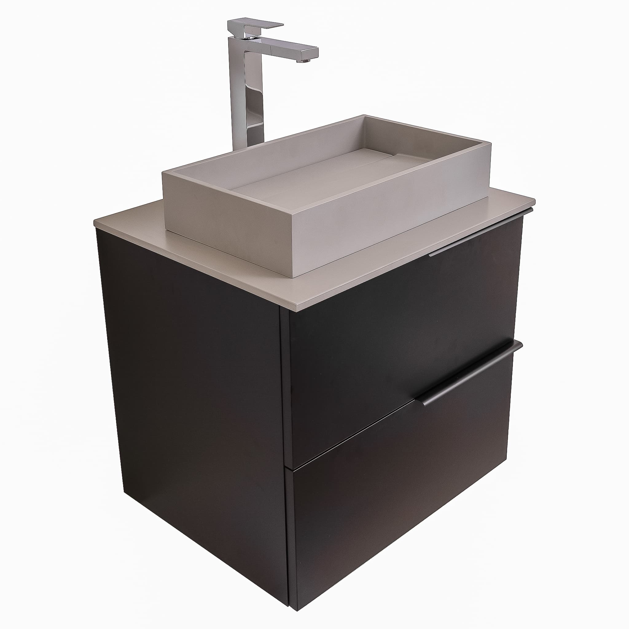 Mallorca 23.5 Matte Black Cabinet, Solid Surface Flat Grey Counter And Infinity Square Solid Surface Grey Basin 1329, Wall Mounted Modern Vanity Set