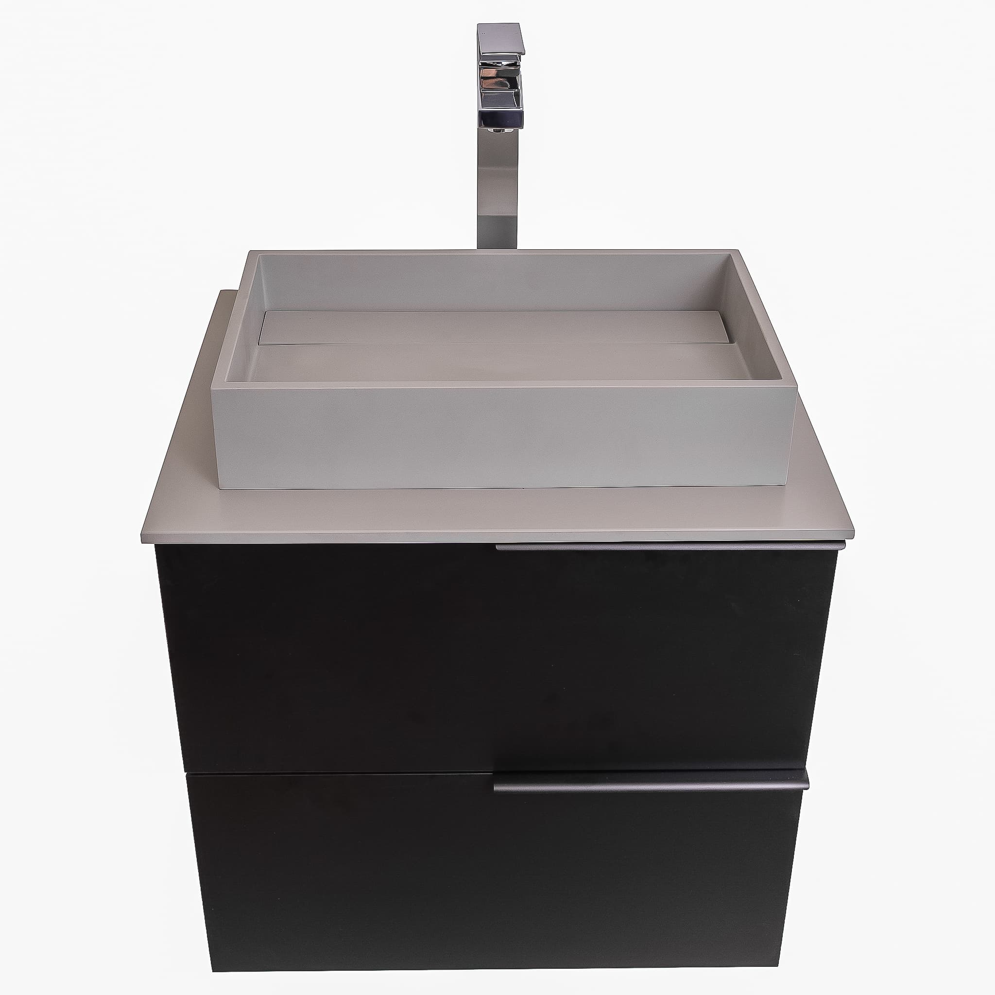 Mallorca 23.5 Matte Black Cabinet, Solid Surface Flat Grey Counter And Infinity Square Solid Surface Grey Basin 1329, Wall Mounted Modern Vanity Set