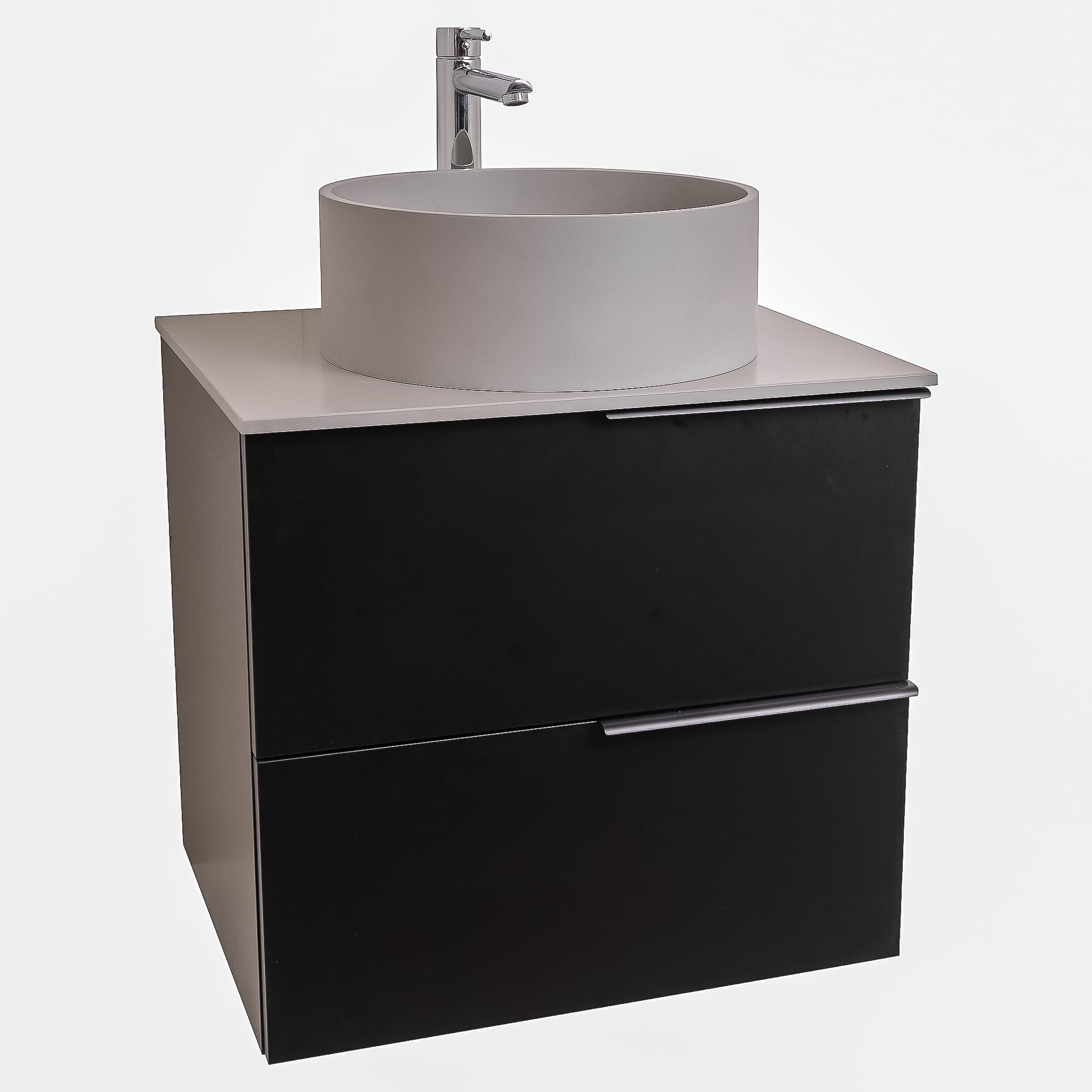 Mallorca 23.5 Matte Black Cabinet, Solid Surface Flat Grey Counter And Round Solid Surface Grey Basin 1386, Wall Mounted Modern Vanity Set