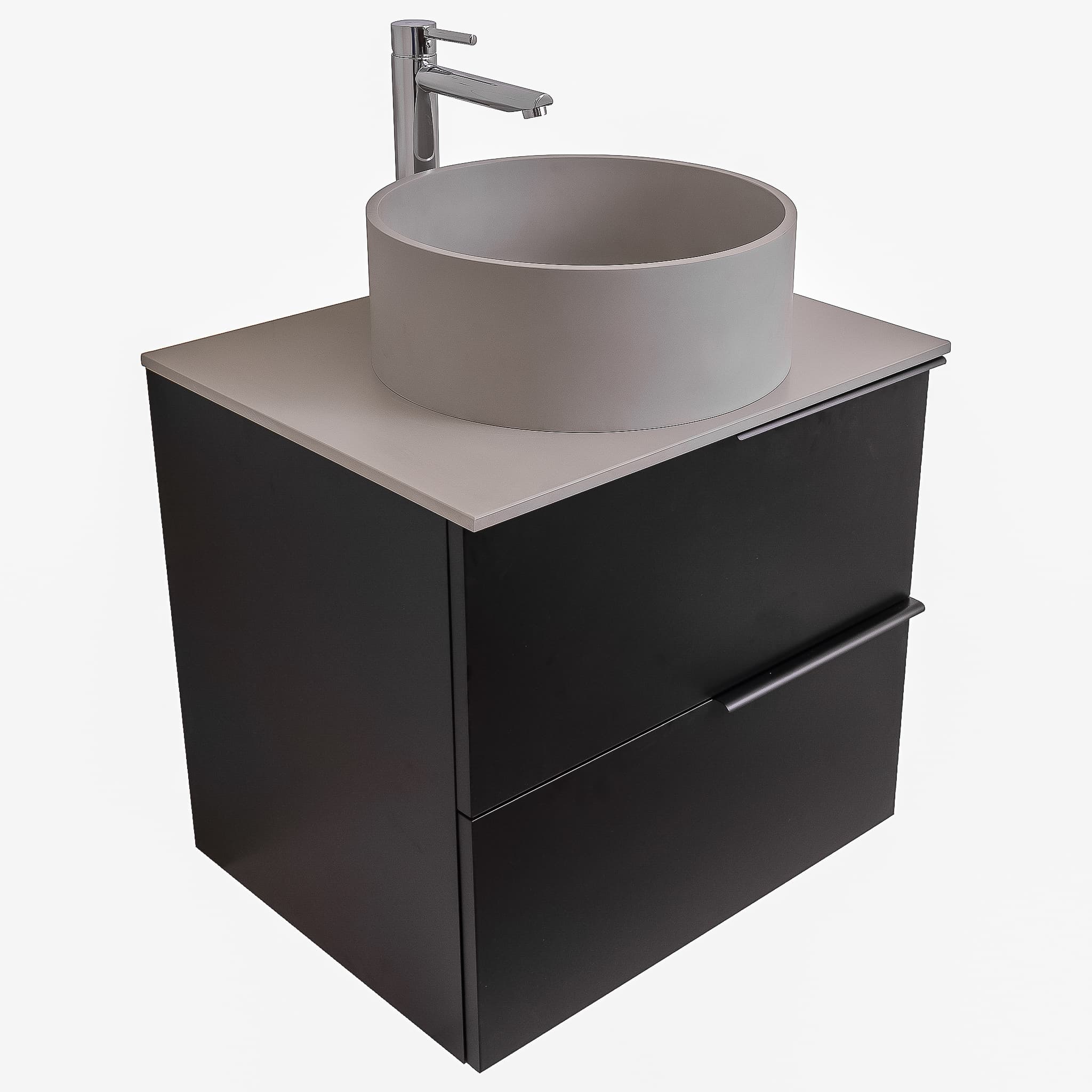 Mallorca 23.5 Matte Black Cabinet, Solid Surface Flat Grey Counter And Round Solid Surface Grey Basin 1386, Wall Mounted Modern Vanity Set