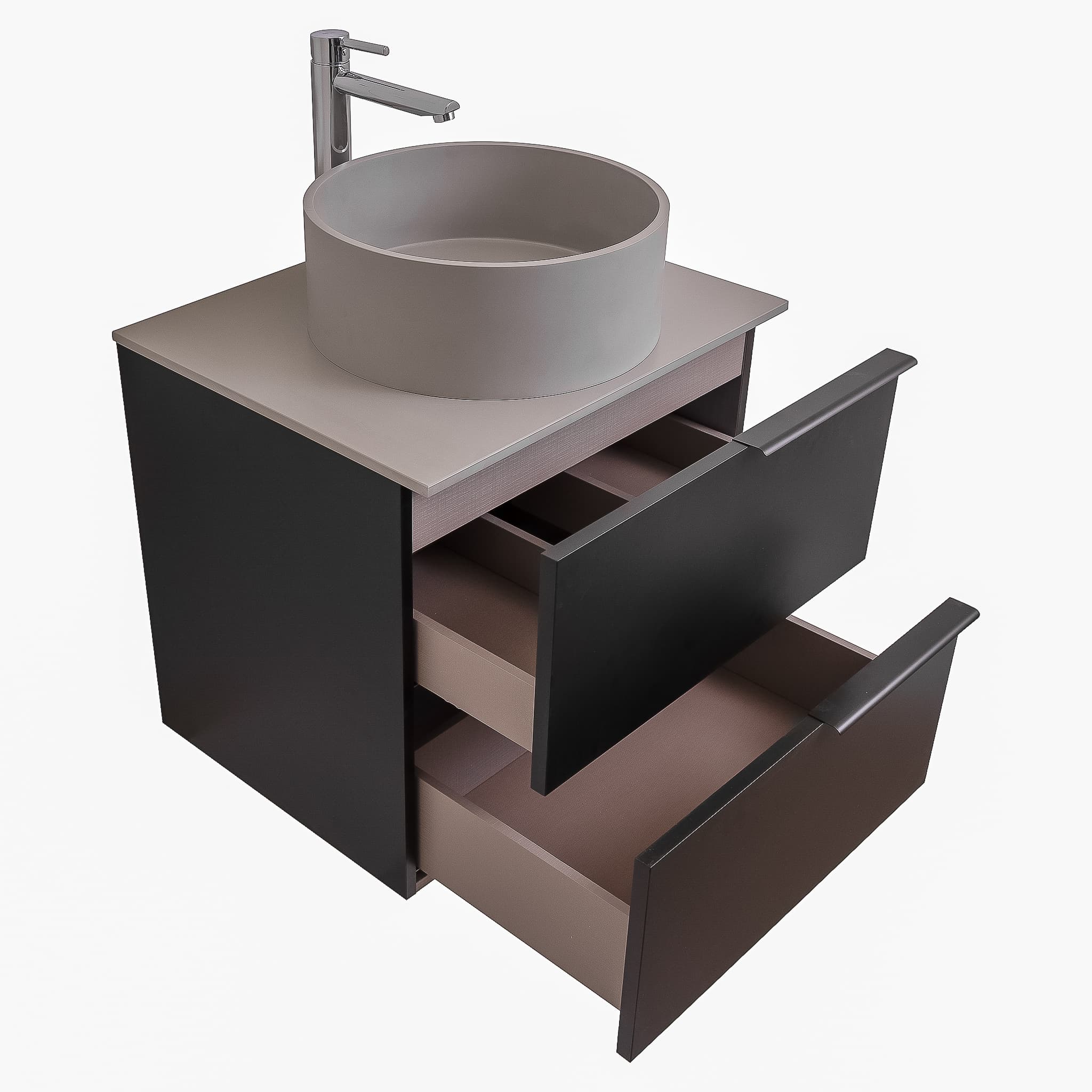 Mallorca 23.5 Matte Black Cabinet, Solid Surface Flat Grey Counter And Round Solid Surface Grey Basin 1386, Wall Mounted Modern Vanity Set