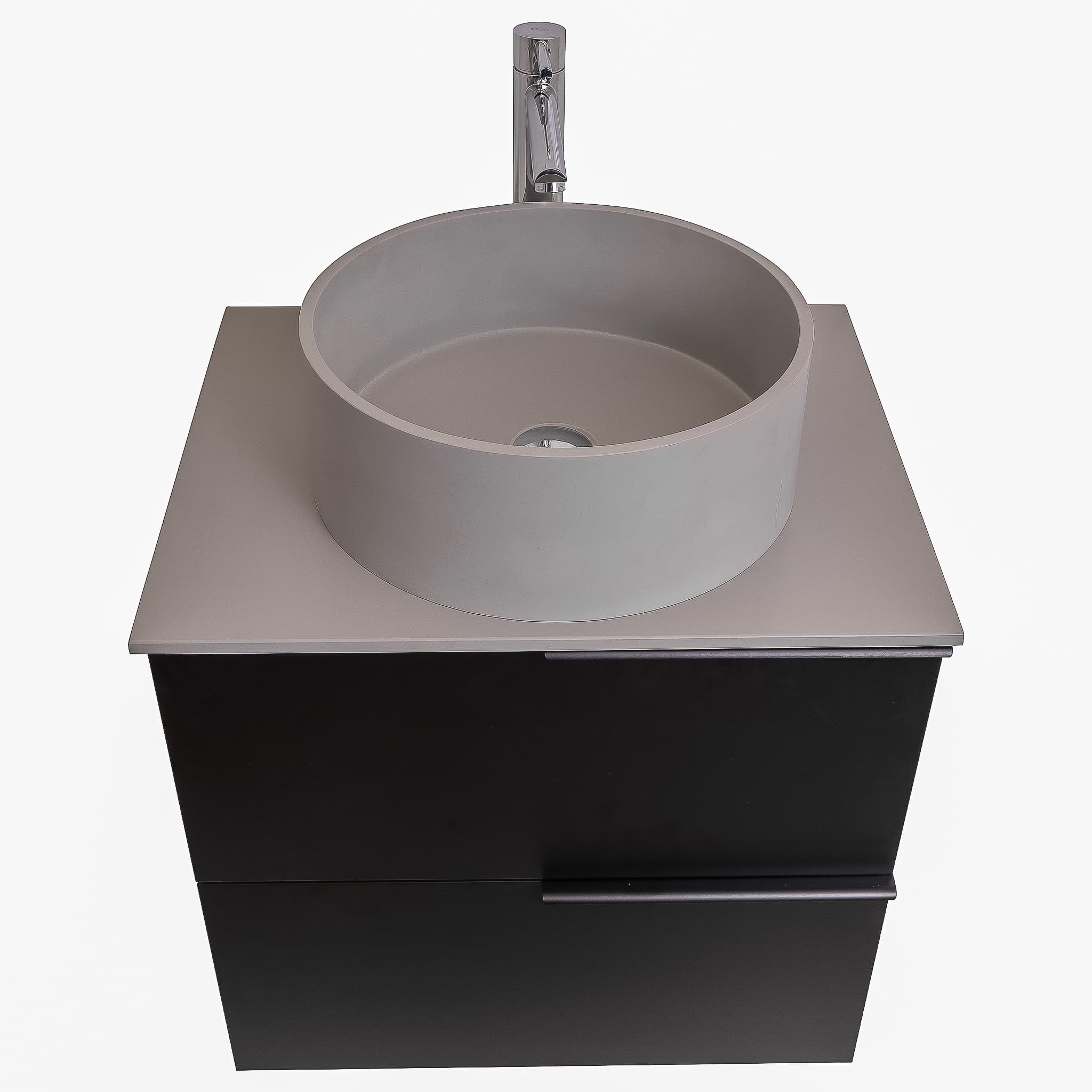 Mallorca 23.5 Matte Black Cabinet, Solid Surface Flat Grey Counter And Round Solid Surface Grey Basin 1386, Wall Mounted Modern Vanity Set