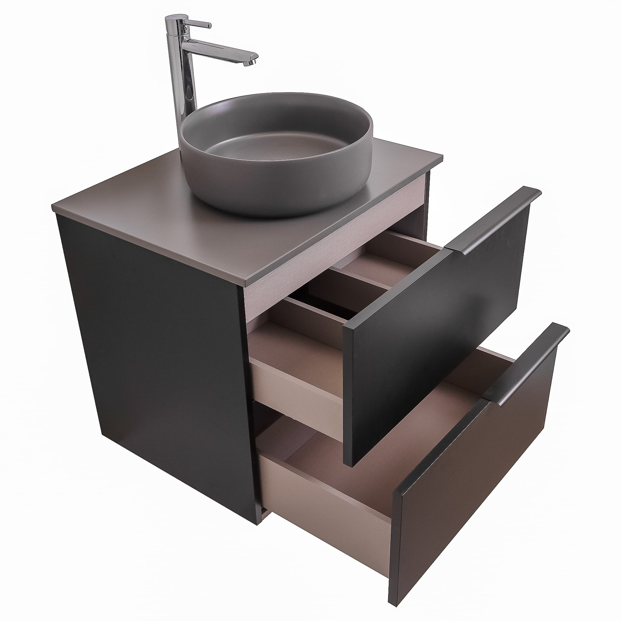 Mallorca 23.5 Matte Black Cabinet, Ares Grey Ceniza Top And Ares Grey Ceniza Ceramic Basin, Wall Mounted Modern Vanity Set