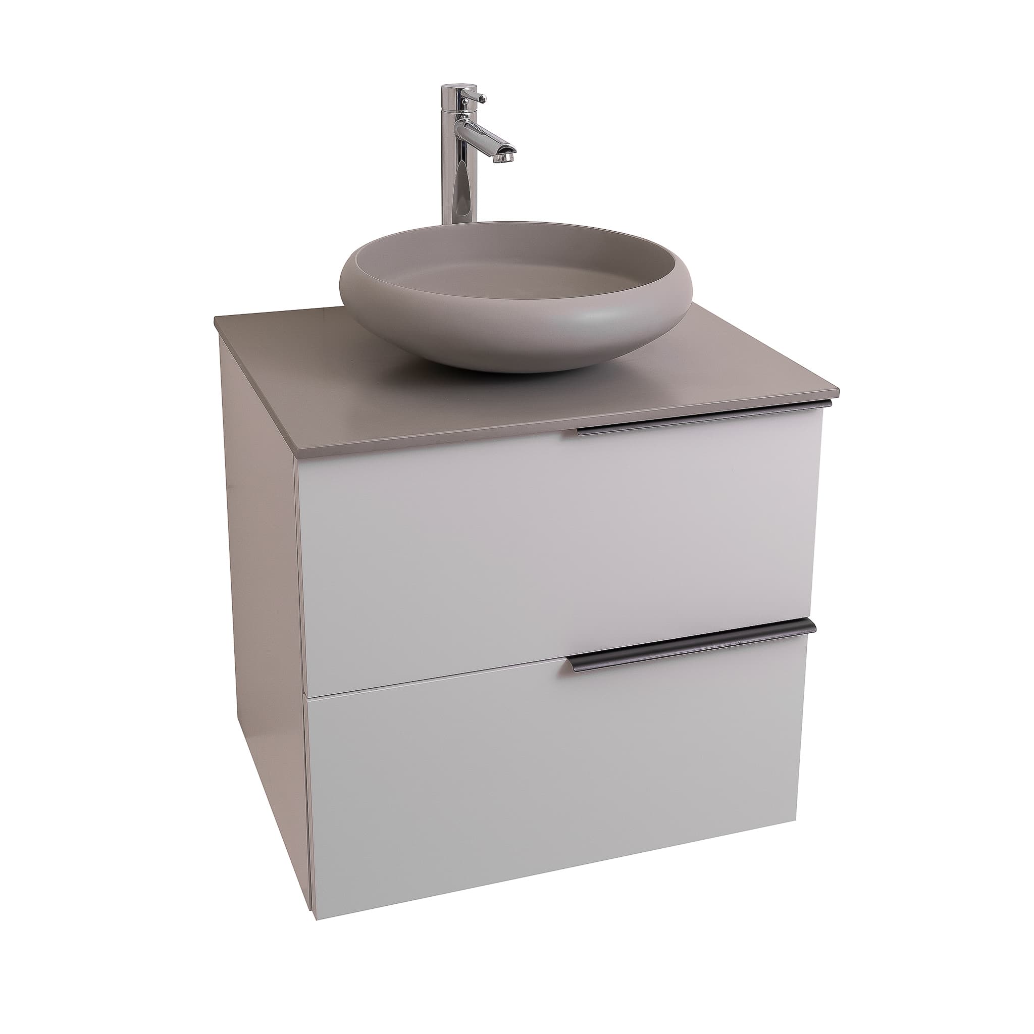 Mallorca 23.5 Matte White Cabinet, Solid Surface Flat Grey Counter And Round Solid Surface Grey Basin 1153, Wall Mounted Modern Vanity Set