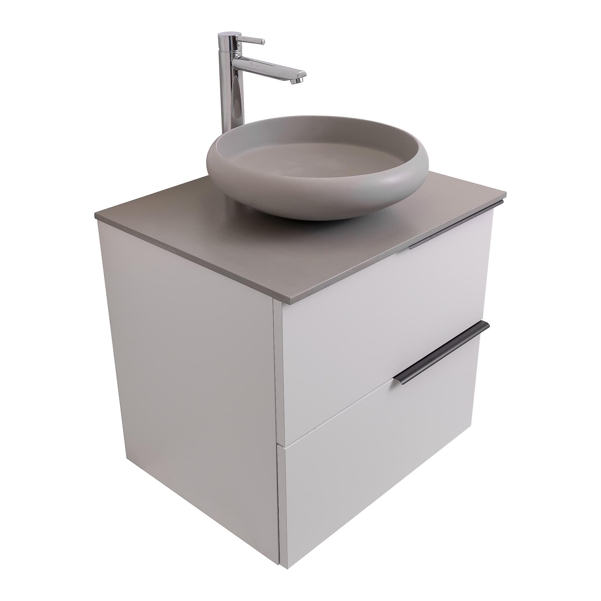 Mallorca 23.5 Matte White Cabinet, Solid Surface Flat Grey Counter And Round Solid Surface Grey Basin 1153, Wall Mounted Modern Vanity Set