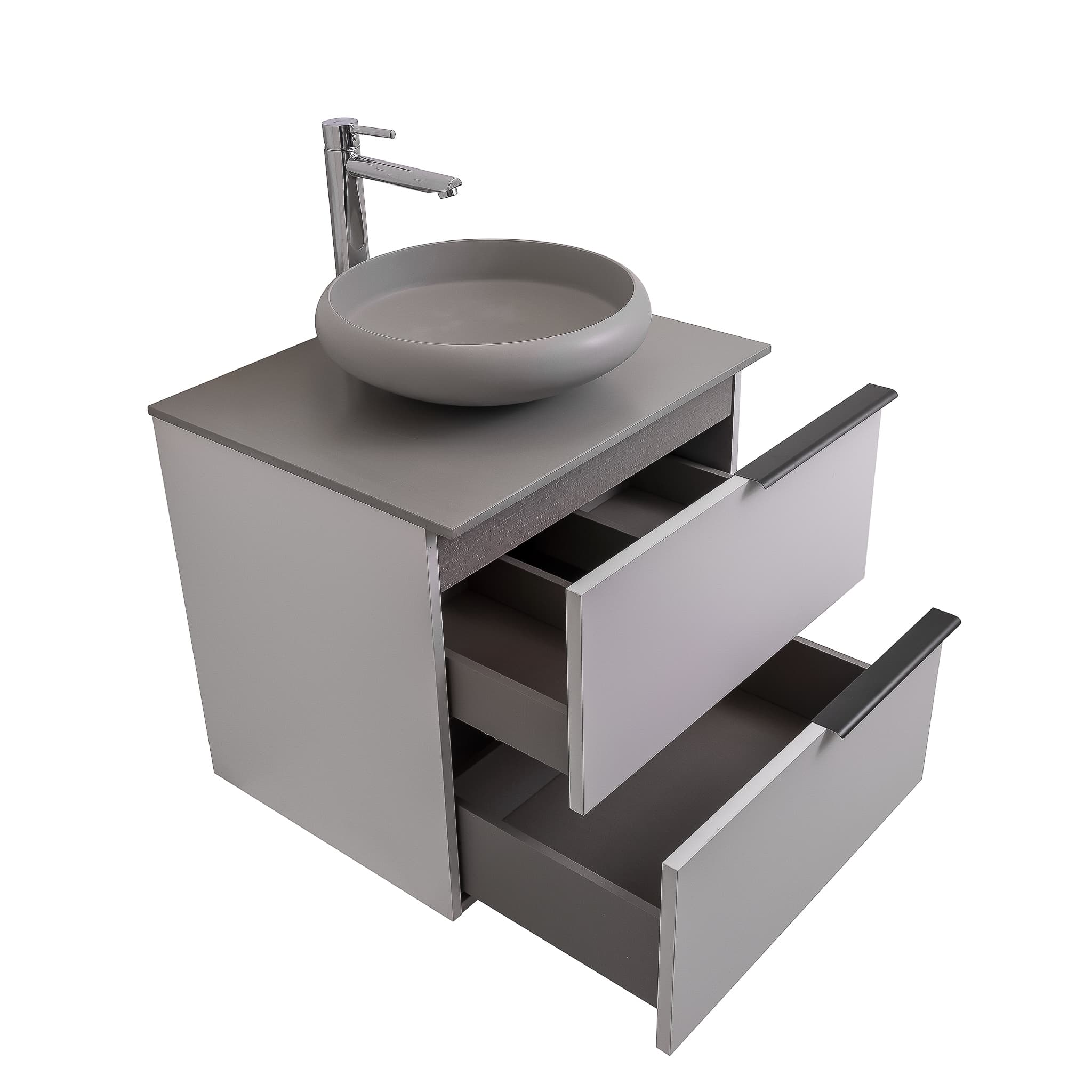 Mallorca 23.5 Matte White Cabinet, Solid Surface Flat Grey Counter And Round Solid Surface Grey Basin 1153, Wall Mounted Modern Vanity Set